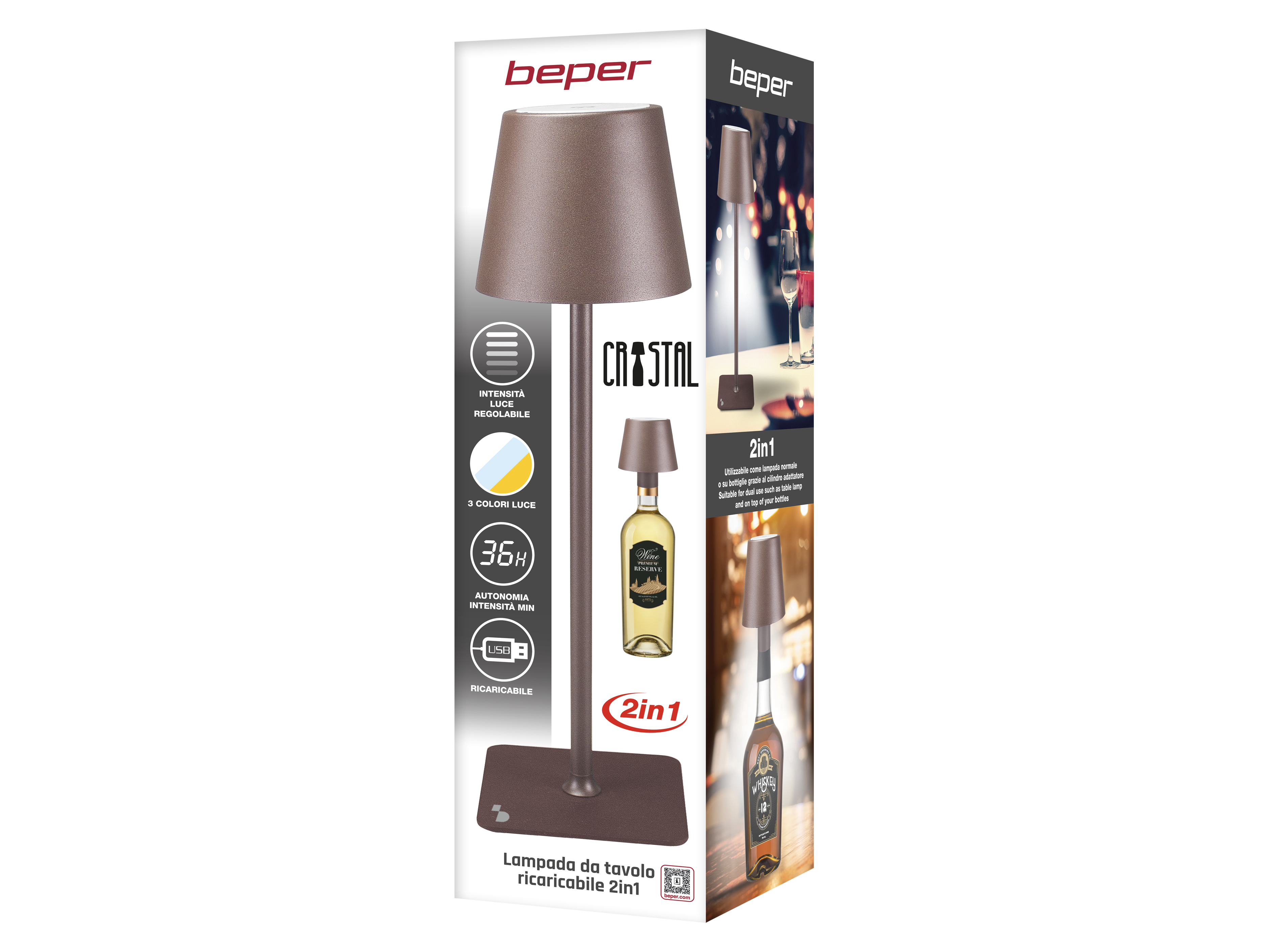 Una confezione di prodotto mostra una lampada da tavolo, una bottiglia di vino e una di whisky. Il testo include 'beper' e '2in1'.