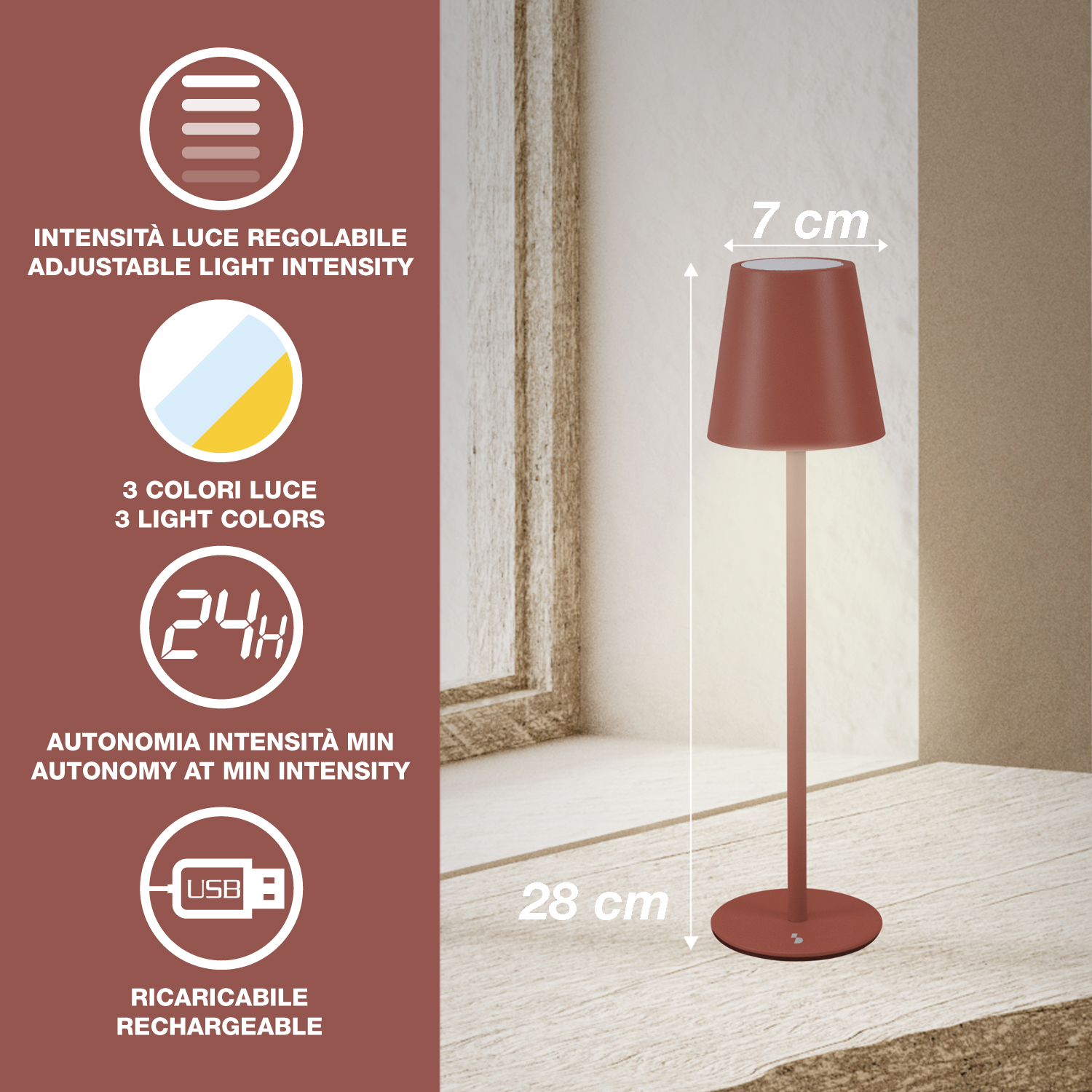 Una lampada da tavolo marrone con base cilindrica e paralume conico, dimensioni fornite. Il testo indica luce regolabile e ricaricabile.
