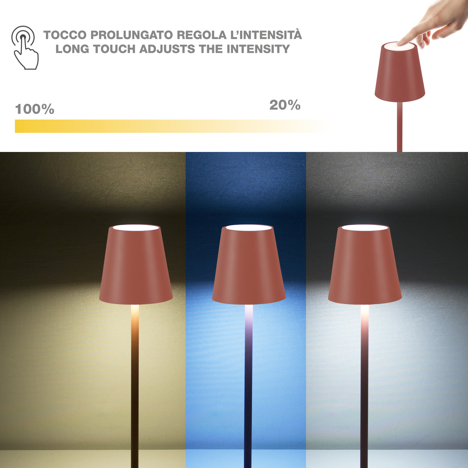 L'immagine mostra una lampada con luminosità regolabile. Una mano tocca la lampada. L'intensità della luce cambia da luminosa a fioca.