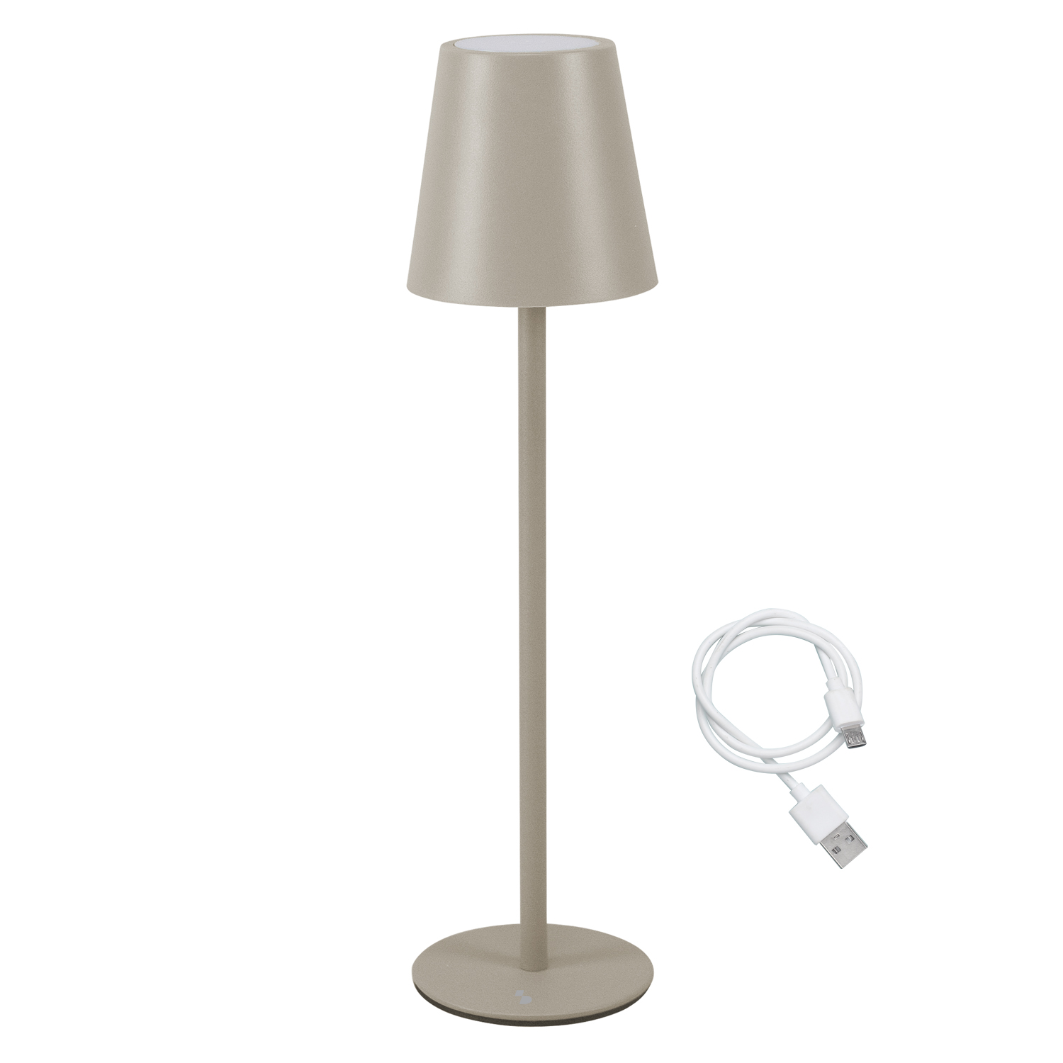 Una lampada beige con paralume conico, stelo lungo e base rotonda. Accanto, un cavo USB bianco.