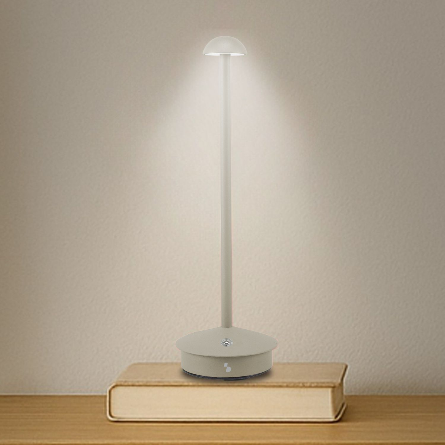 Una lampada moderna con la parte superiore e la base arrotondate, posizionata su un libro. È di colore tenue e la luce brilla verso il basso. Lo sfondo è un muro.