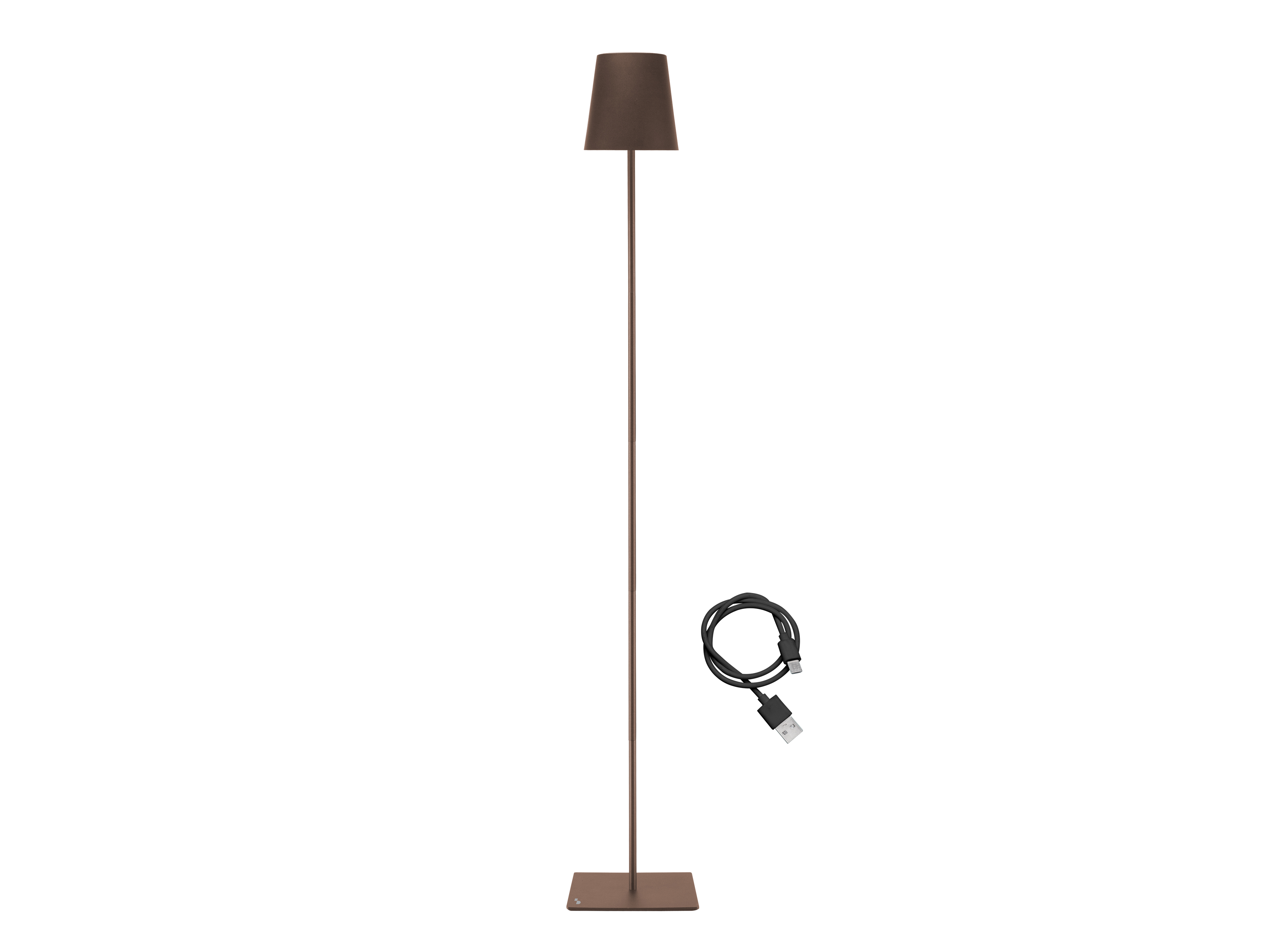 Una lampada da terra marrone con paralume. Un cavo USB nero è arrotolato accanto. Sfondo bianco.