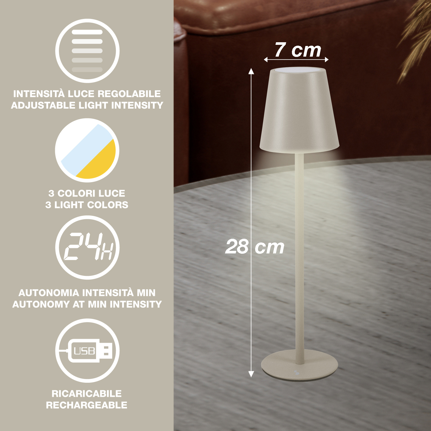 Una lampada beige su un tavolo, con etichette di testo che indicano intensità luminosa regolabile, 3 colori di luce, 24 ore di autonomia e ricaricabile.