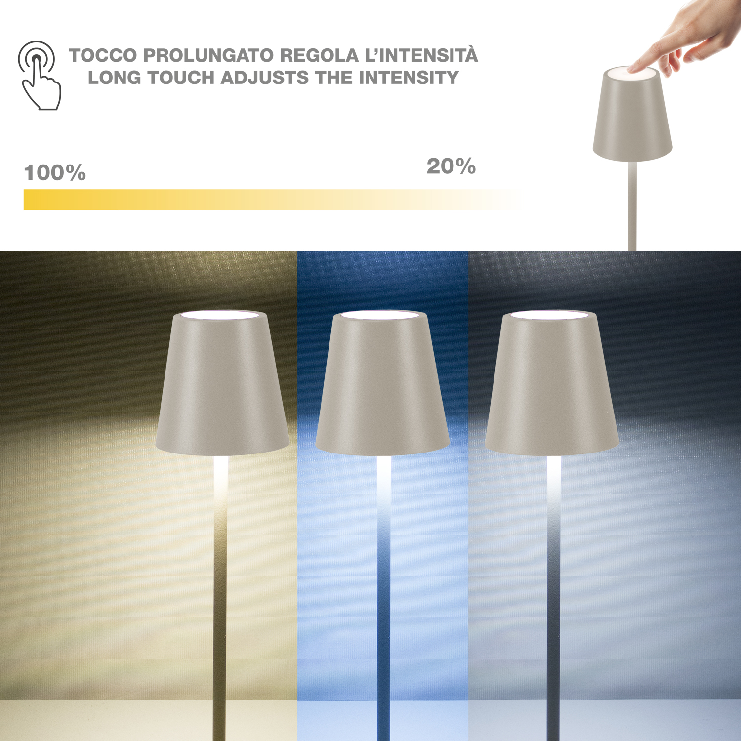 L'immagine mostra una lampada con livelli di luminosità. Il testo recita 'Tocca a lungo regola l'intensità'. Una mano tocca la lampada.