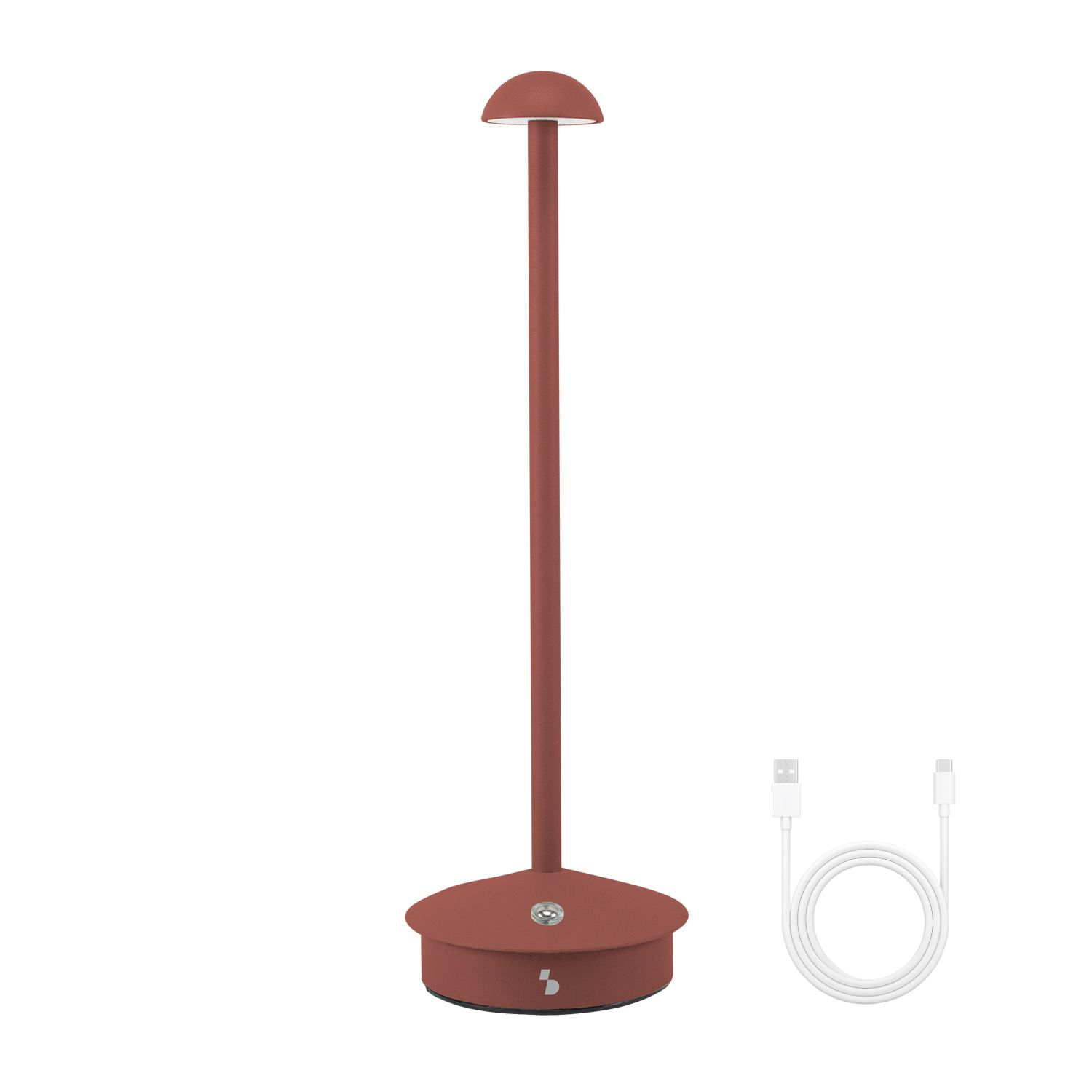 Una lampada da tavolo color terracotta con base rotonda e un cavo USB-C accanto. La lampada ha un gambo alto e una parte superiore arrotondata.