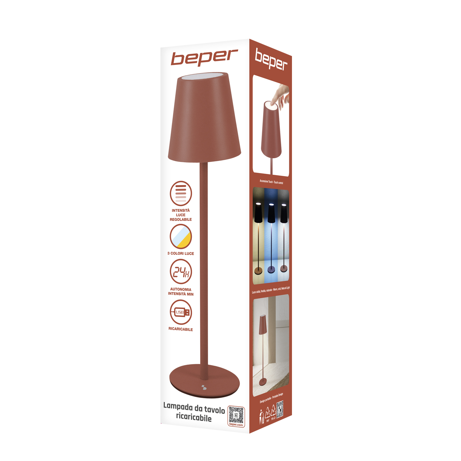 Una lampada da tavolo marrone su sfondo bianco. La scatola mostra le caratteristiche: luce regolabile, 3 colori, batteria 24h e ricarica USB.