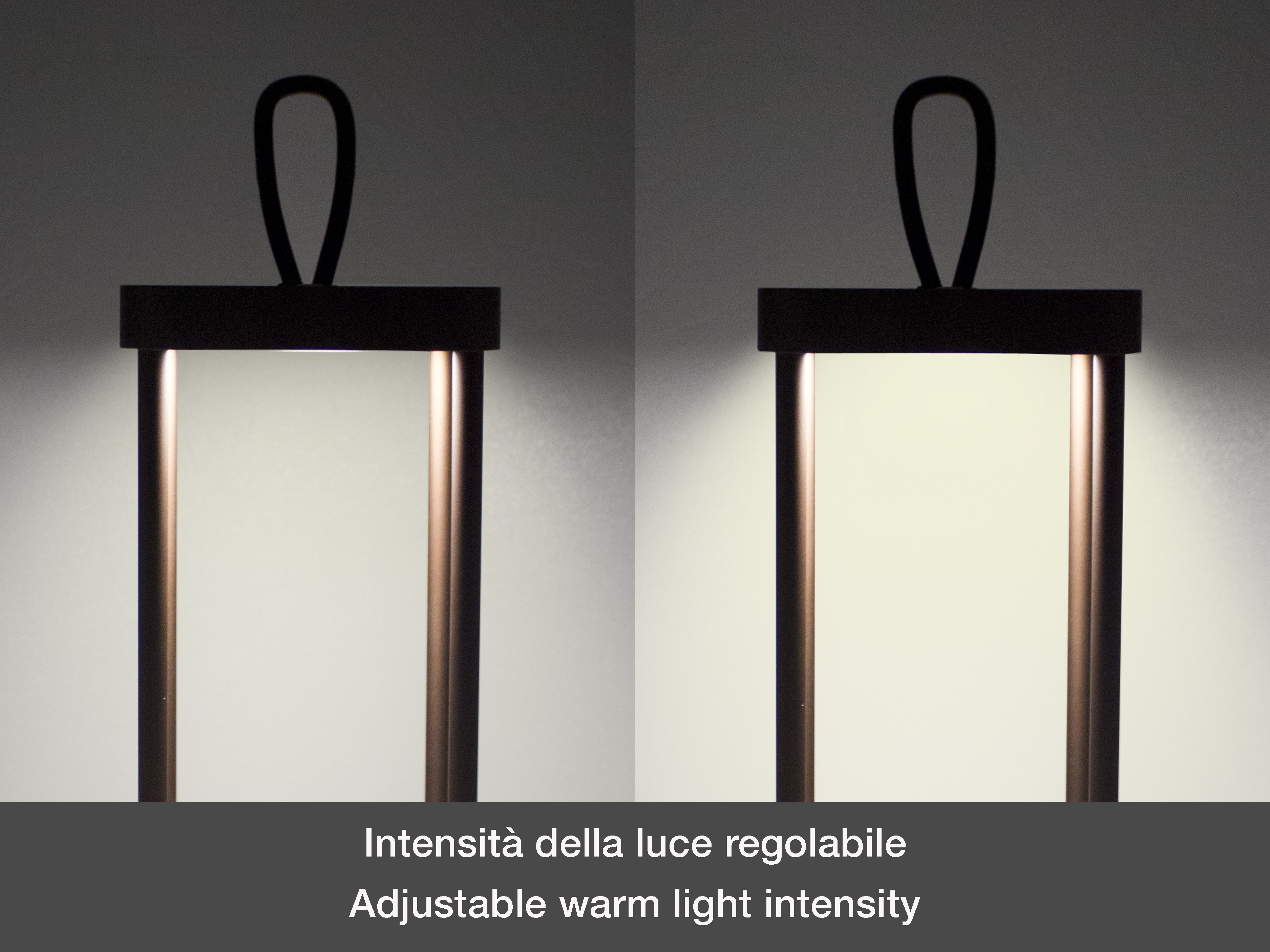 Due lampade con luce calda regolabile. Ognuna ha un manico nero, un rettangolo e due colonne di rame.