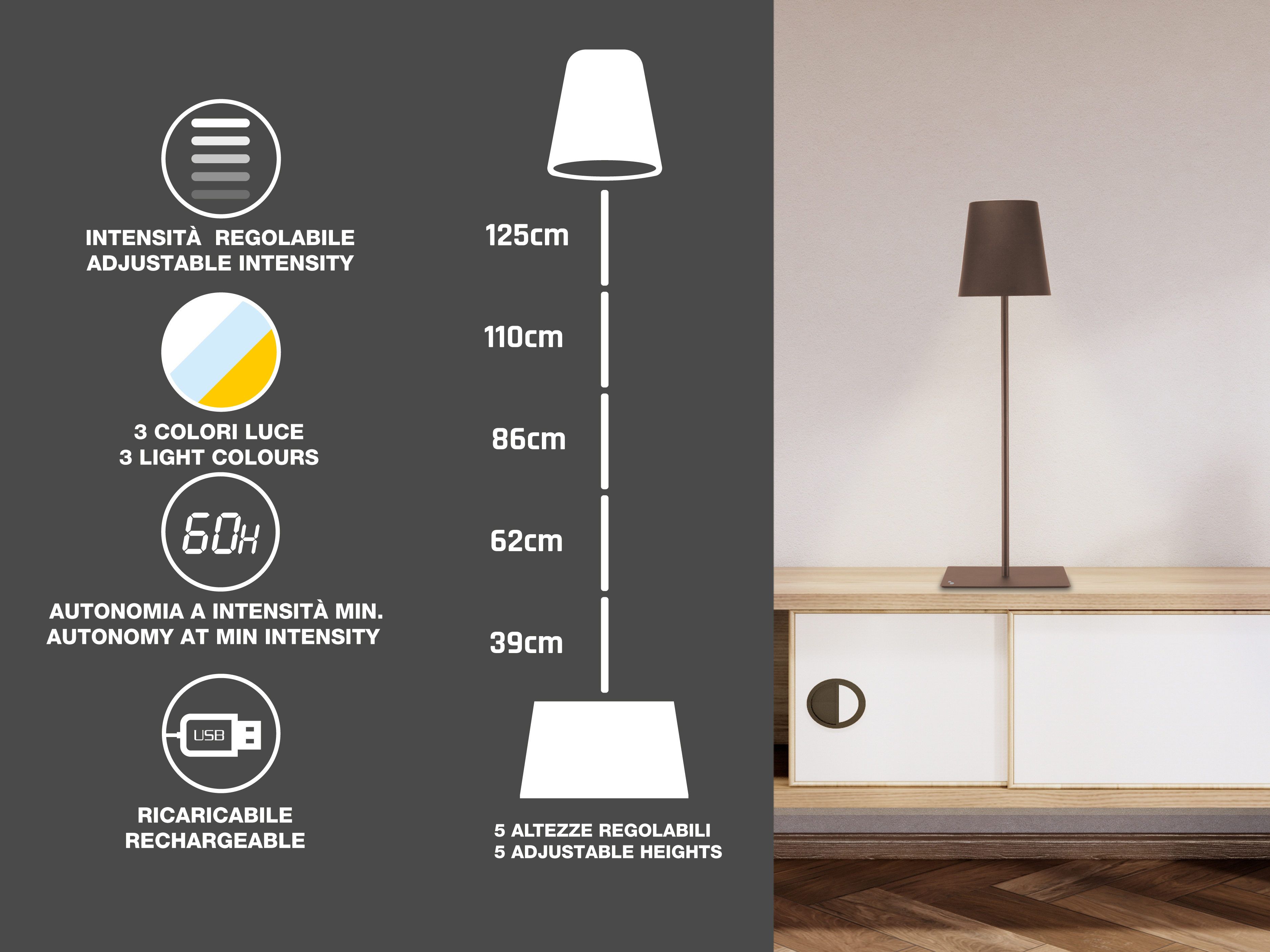 Una lampada con intensità regolabile, 3 colori di luce e 5 altezze regolabili, su un mobile in legno, con grafica informativa.