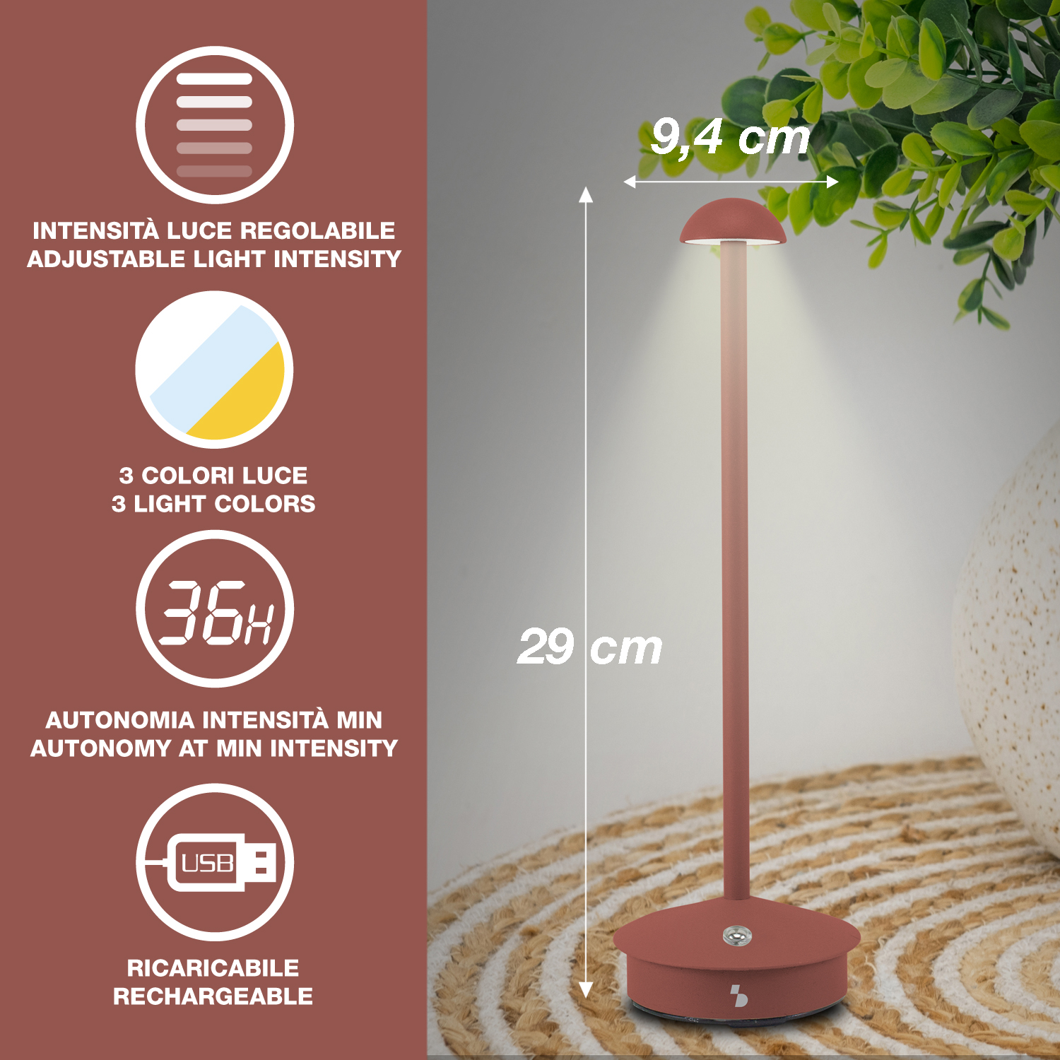 Una lampada da scrivania rossa con intensità luminosa regolabile, 3 colori di luce e 36 ore di autonomia. La lampada è alta 29 cm e larga 9,4 cm.