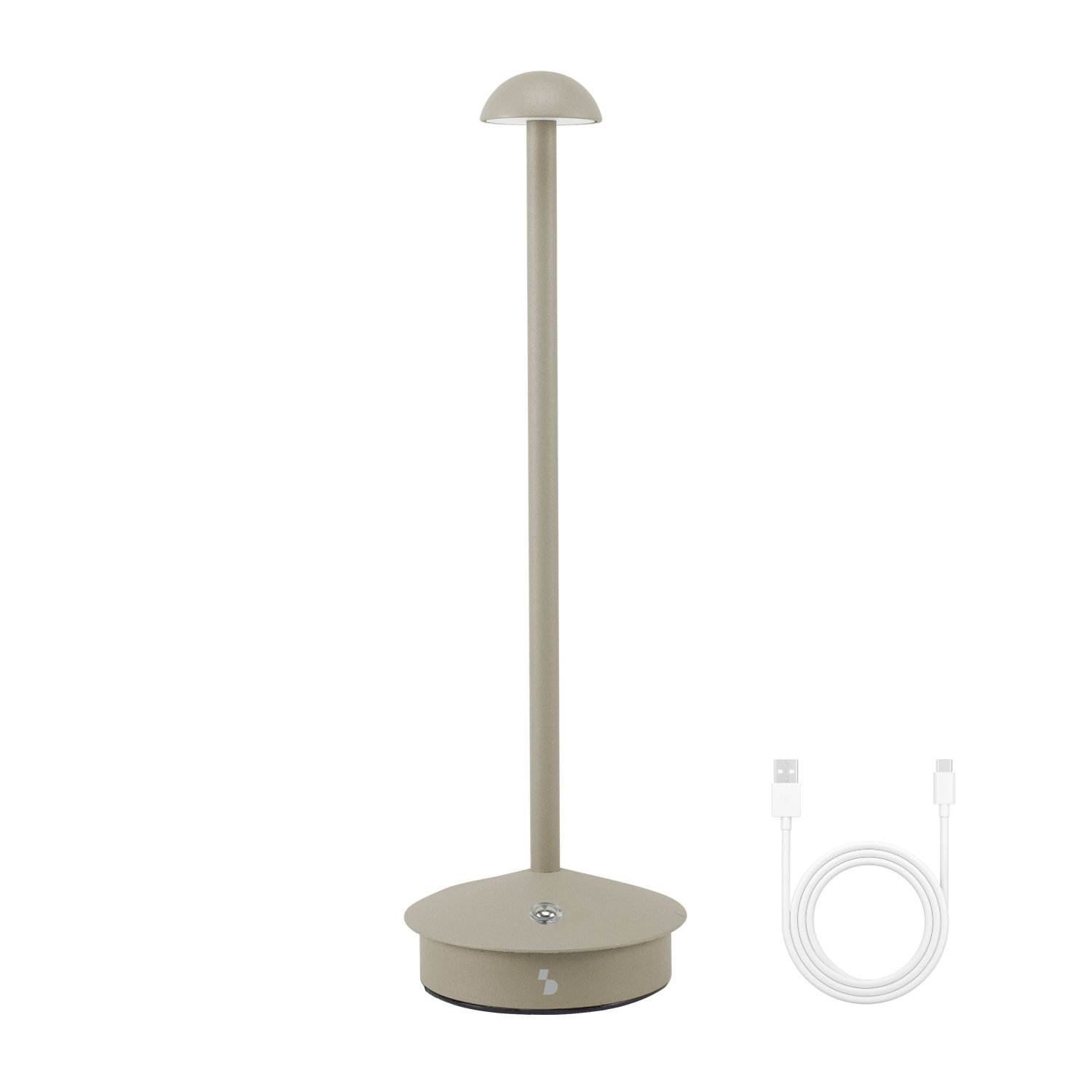 Una lampada da tavolo beige con la parte superiore curva, uno stelo cilindrico e una base rotonda. Un cavo USB bianco arrotolato.