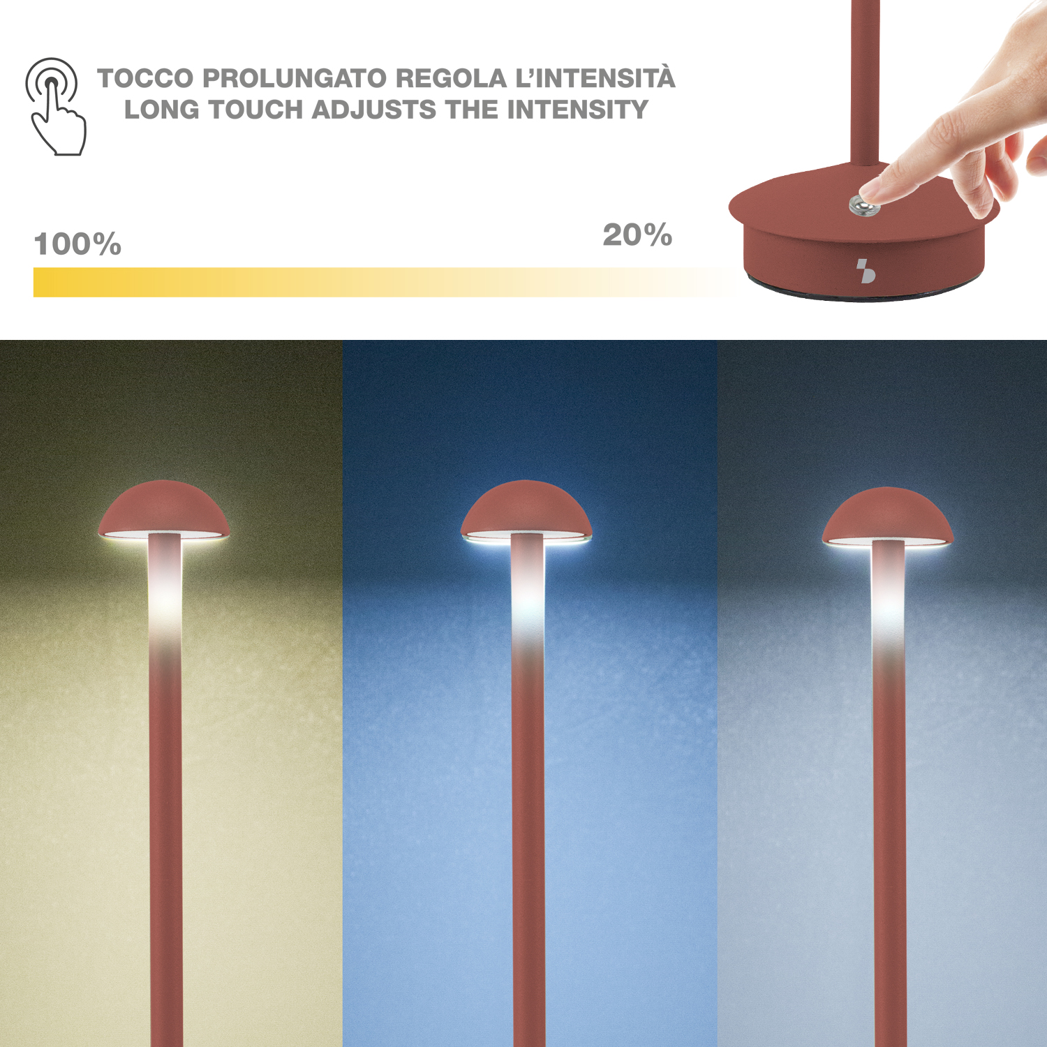Una mano tocca il pulsante di una lampada. La lampada mostra diversi livelli di luce dal 100% al 20%. Istruzioni in italiano e inglese.