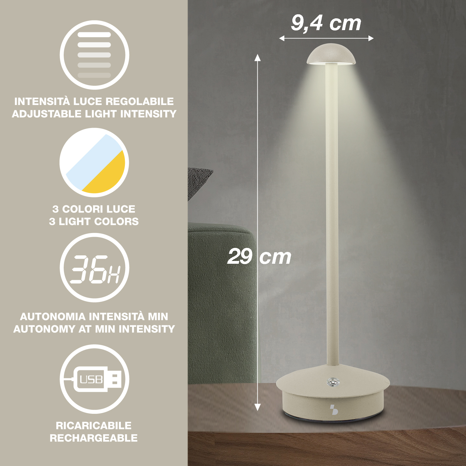 Una lampada da scrivania a LED beige con intensità luminosa regolabile, 3 colori di luce e ricaricabile tramite USB. La lampada è alta 29 cm e larga 9,4 cm.