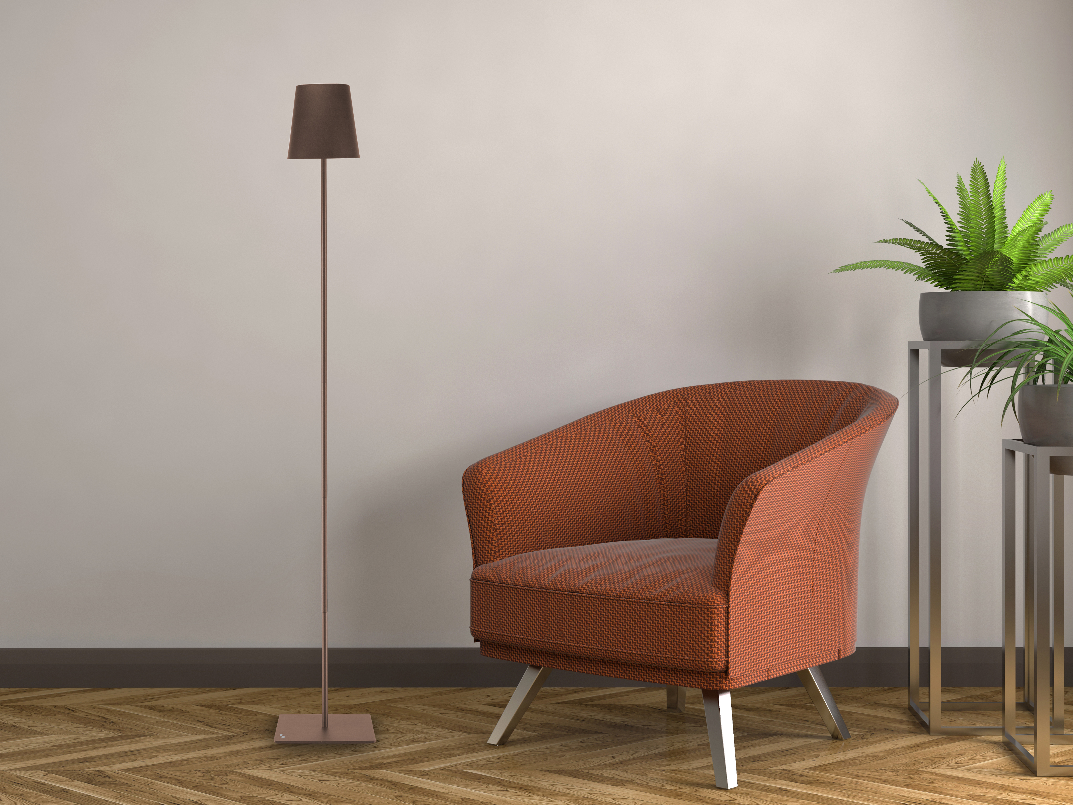Una poltrona arancione, una lampada da terra e piante in una stanza con pavimento in legno e pareti chiare.