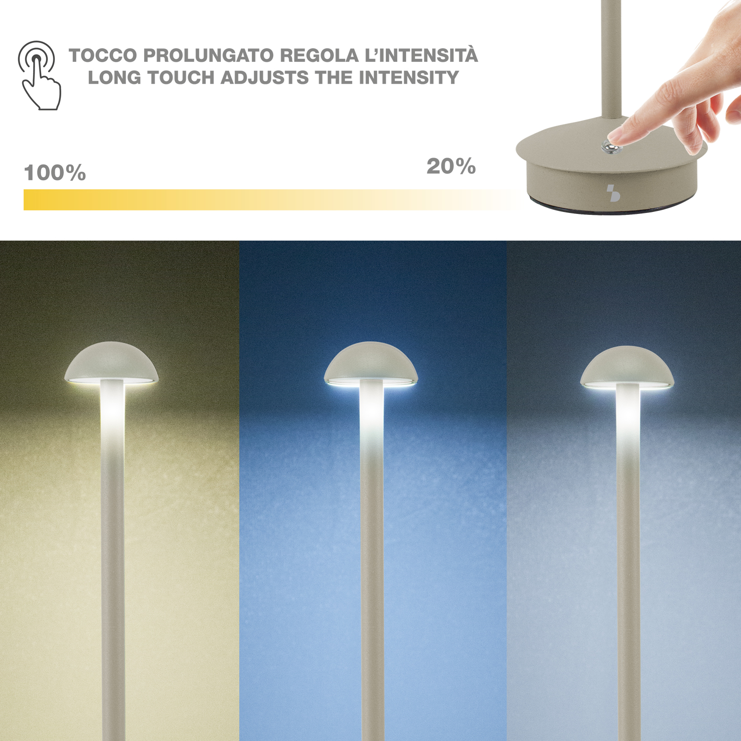 L'immagine mostra una lampada con tre impostazioni di luce. Mano tocca la lampada per regolare l'intensità.
