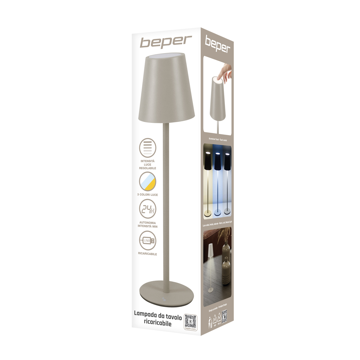 Una scatola con una lampada da tavolo grigia. Mostra la lampada, il controllo touch, 3 colori di luce, 24 ore di autonomia e la ricarica USB. Beper.