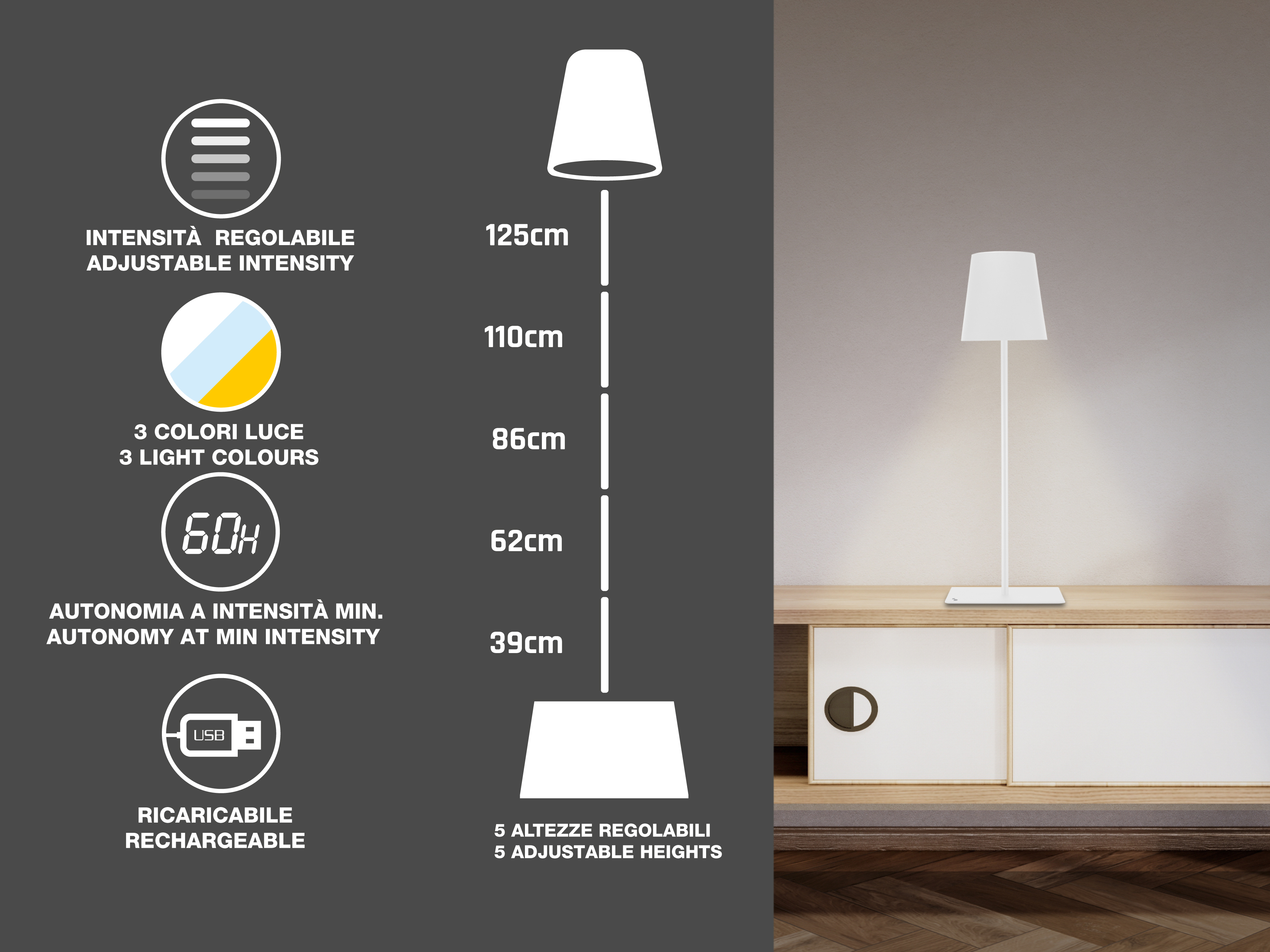 Una lampada bianca su una superficie in legno. Il testo include intensità regolabile, 3 colori di luce, 60h autonomia e ricaricabile.