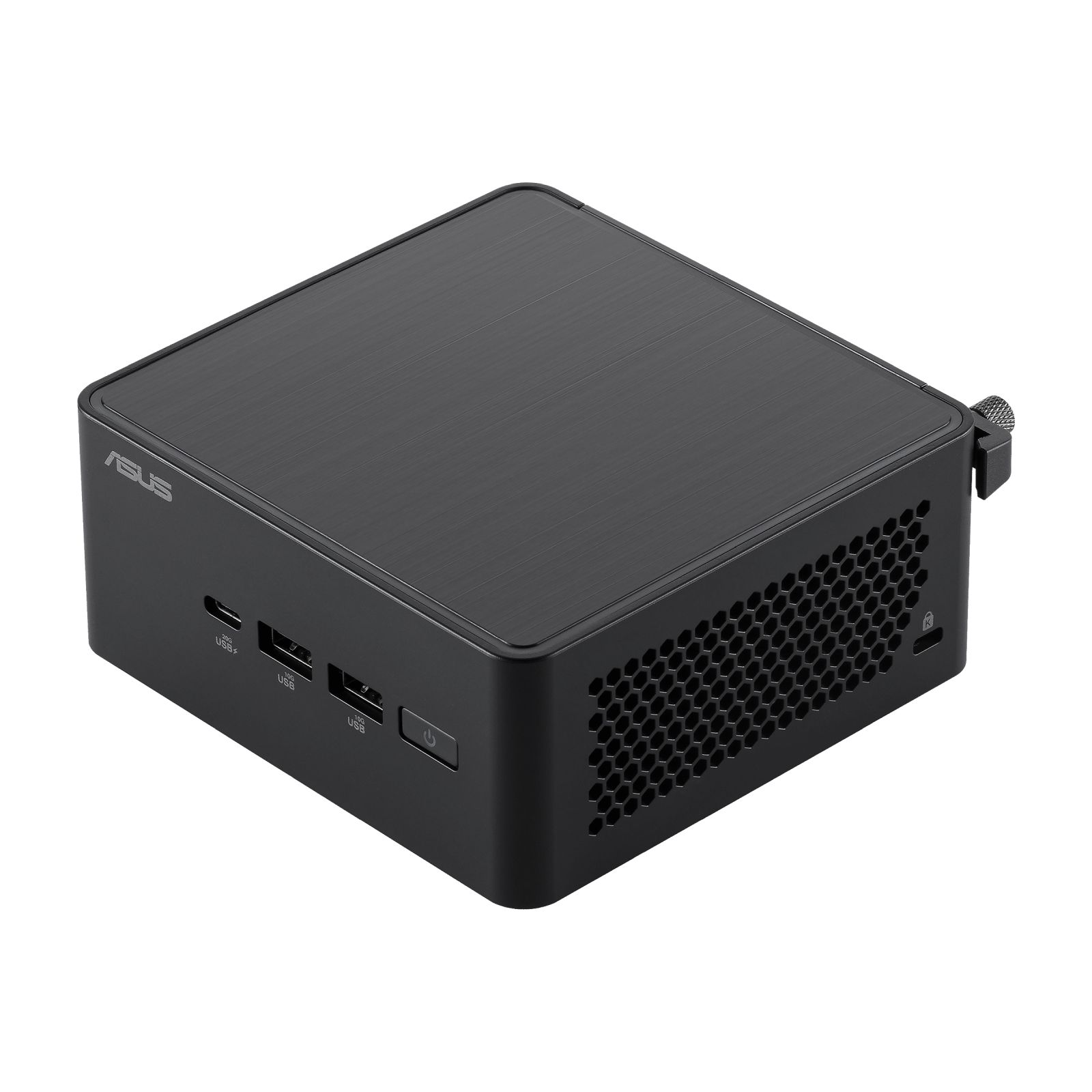 Un mini PC ASUS nero. Ha porte USB, pulsante di accensione e una ventola. La parte superiore è spazzolata.