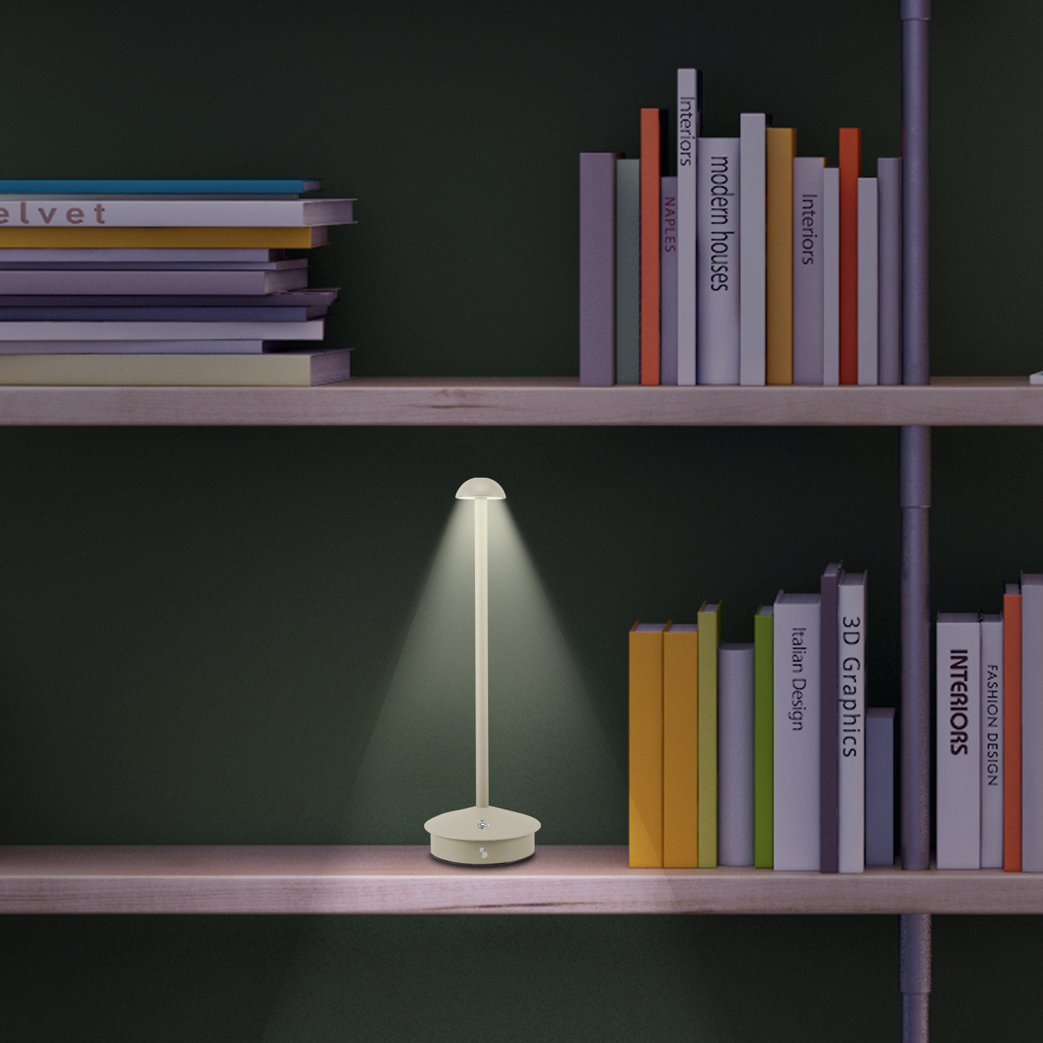 Una lampada da scrivania illumina libri su scaffali. Sono visibili libri di vari colori. Lo sfondo è un muro verde scuro.