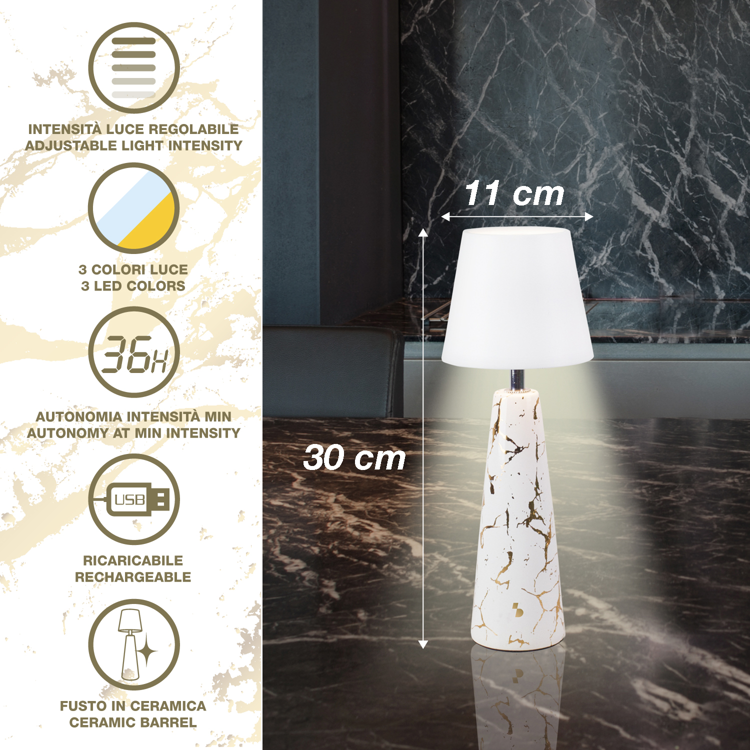 Una lampada bianca con base in ceramica e venature dorate è su un tavolo di marmo nero. Testo indica intensità luminosa regolabile, 3 colori LED.