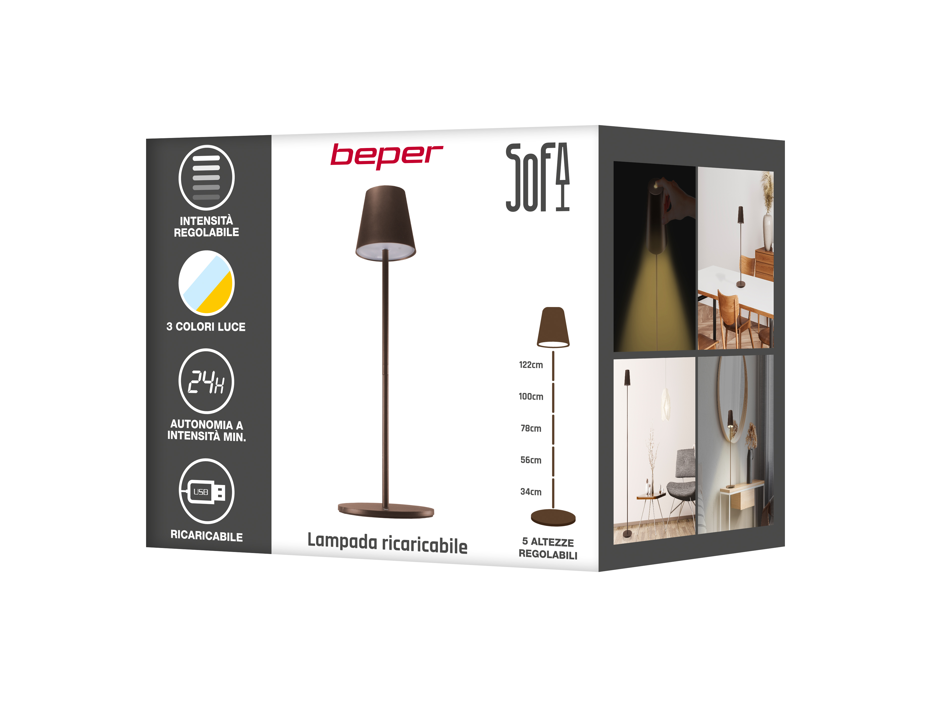 Una lampada da terra ricaricabile con luminosità regolabile, 3 colori luce e 5 altezze. Ha una porta USB.