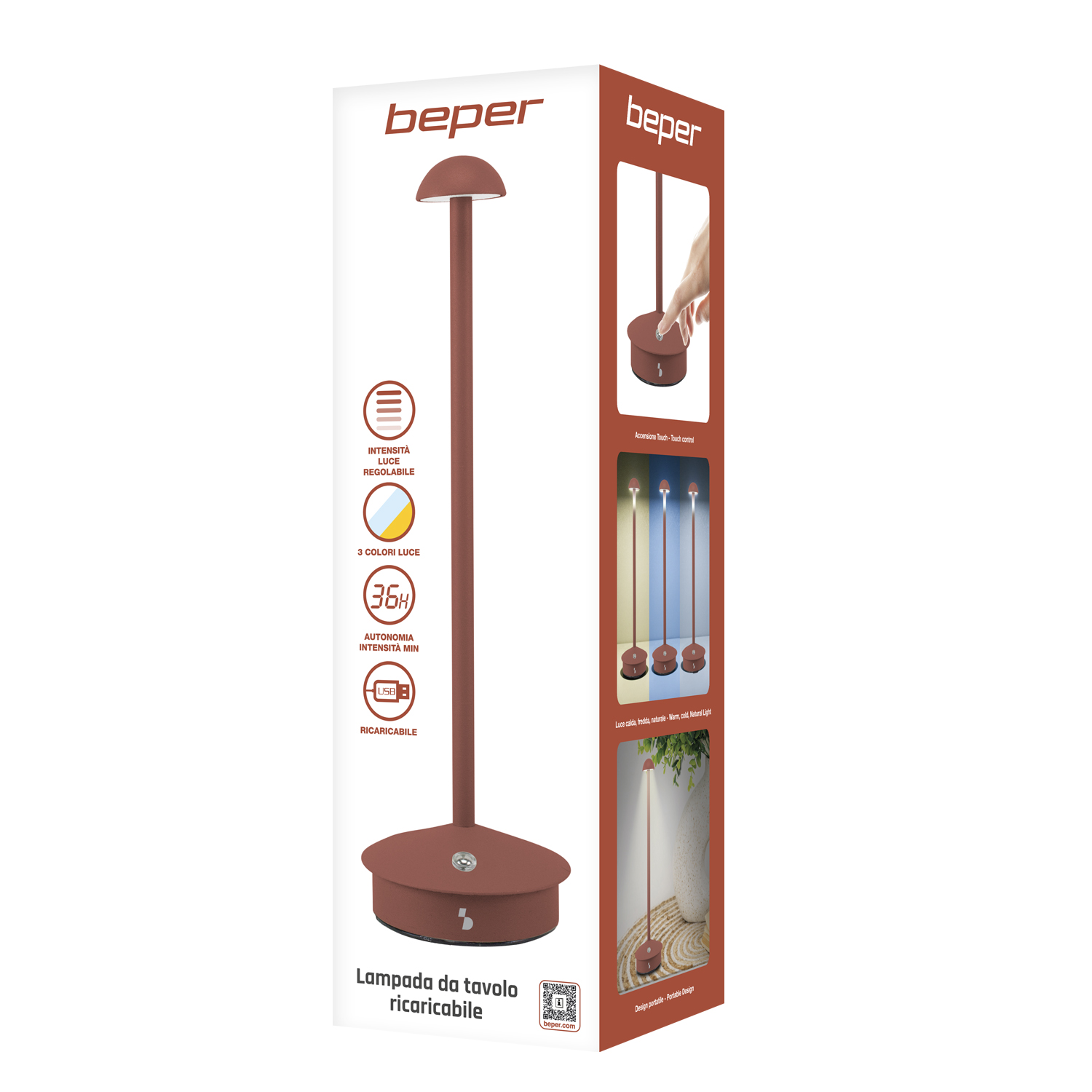 Una lampada da tavolo ricaricabile. Ha intensità luminosa regolabile, 3 colori di luce e 36H di autonomia. Controllo touch e ricarica USB.