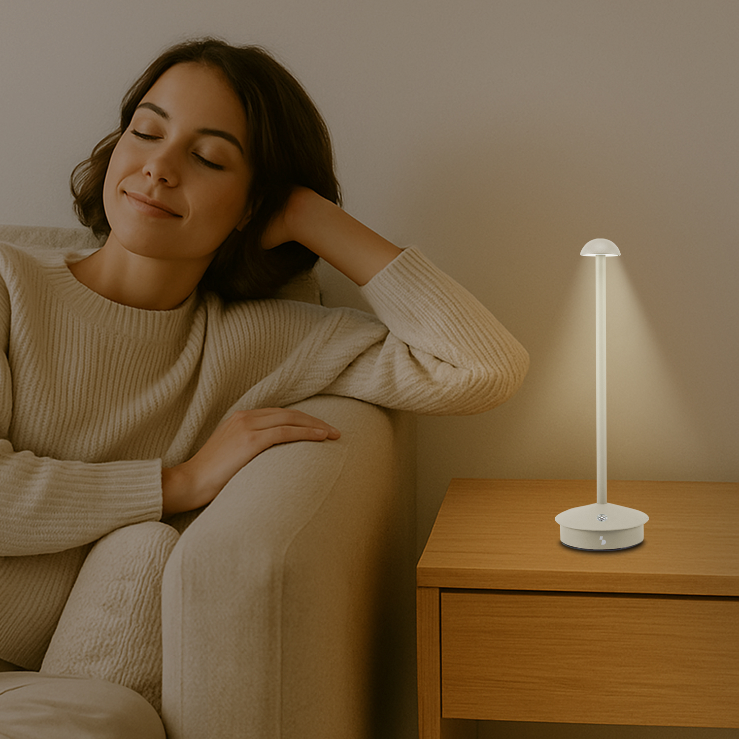 Una donna si rilassa su un divano, con gli occhi chiusi. Una lampada è su un comodino in legno. La scena è illuminata in modo caldo.