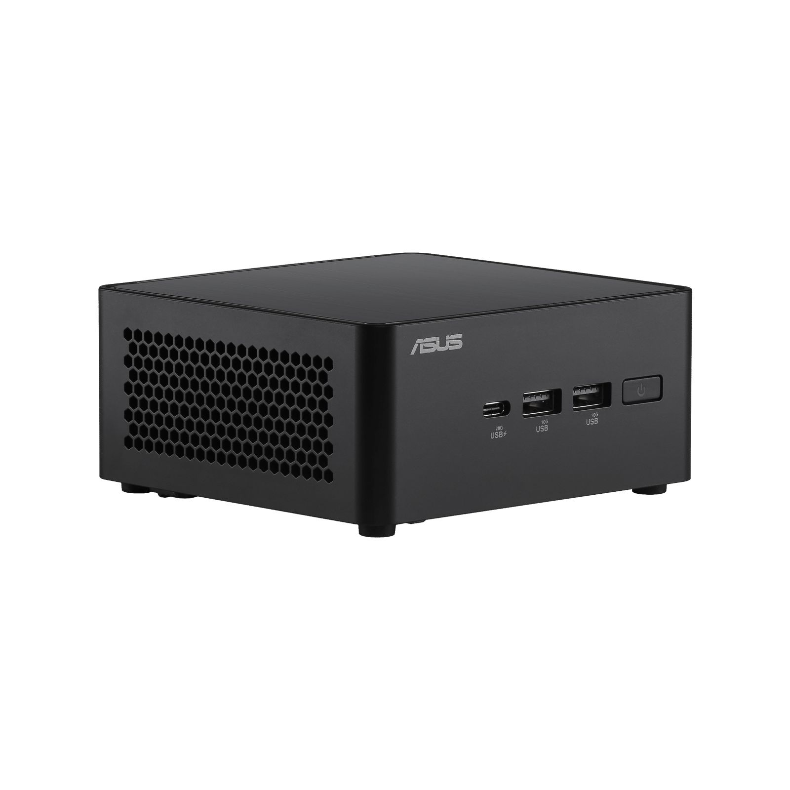 Mini PC ASUS nero su sfondo bianco. Ha porte USB e il logo ASUS.