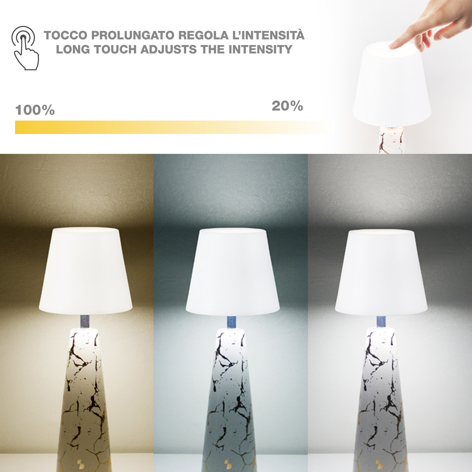 Una mano tocca una lampada bianca. La lampada ha un paralume bianco e una base decorata. Testo: 'Tocco lungo regola l'intensità'.