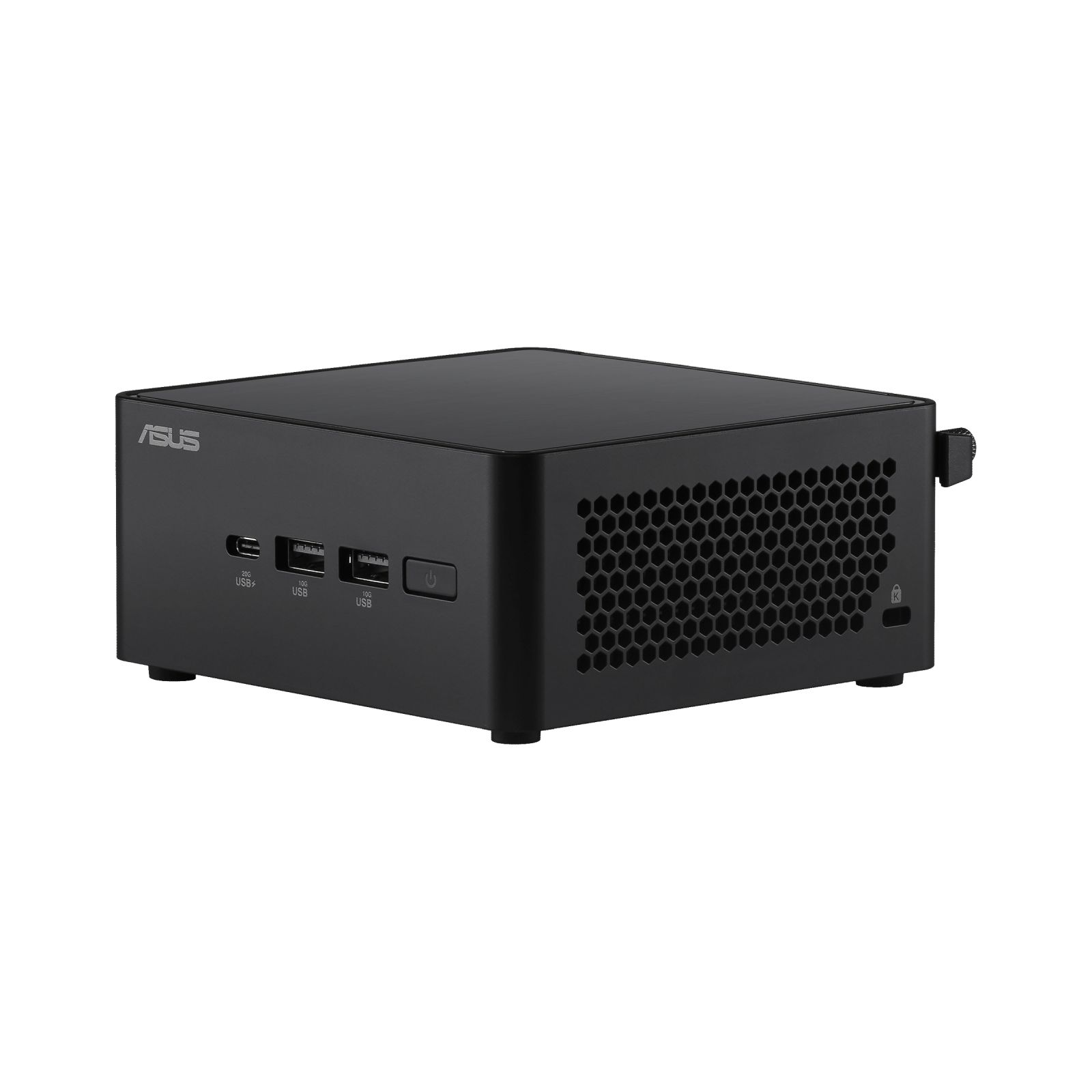 Un mini PC ASUS nero su sfondo bianco. Ha porte USB, un pulsante di accensione e una griglia di ventilazione a nido d'ape.
