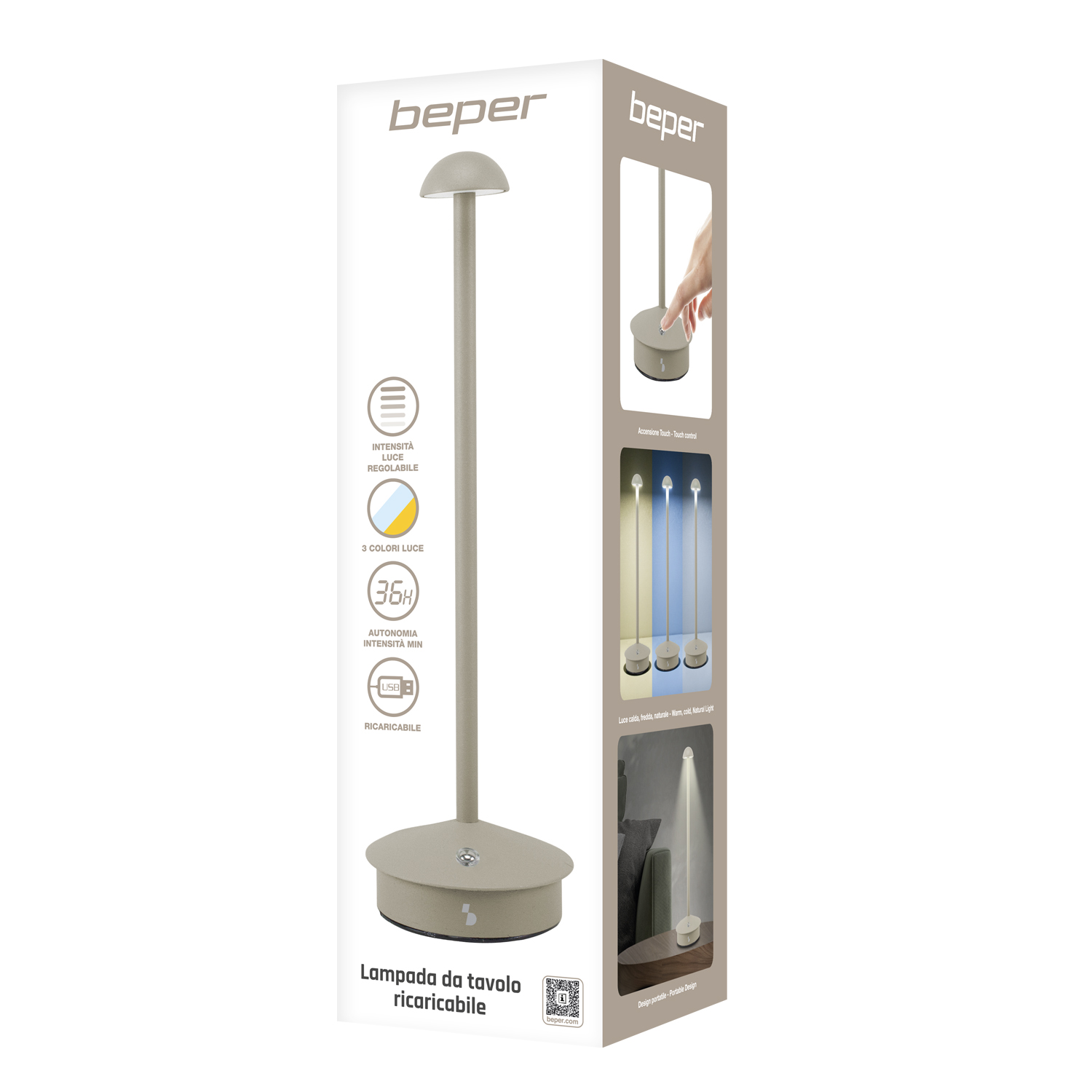 Una lampada da tavolo Beper beige con intensità luminosa regolabile, 3 colori e 36 ore di autonomia minima. Ricaricabile tramite USB.