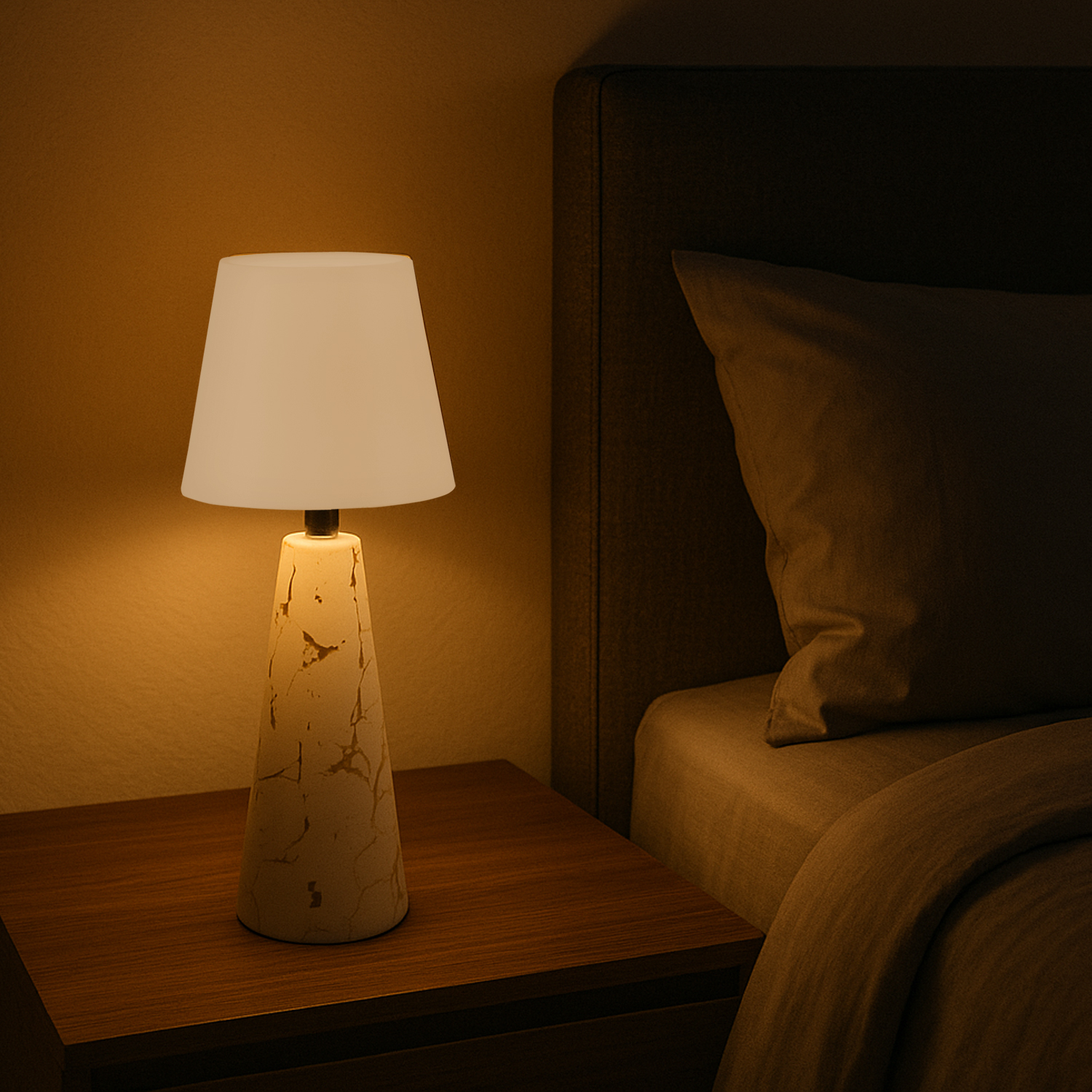 Una lampada da comodino accesa con un paralume bianco è su un comodino in legno. Sullo sfondo un letto con un cuscino.