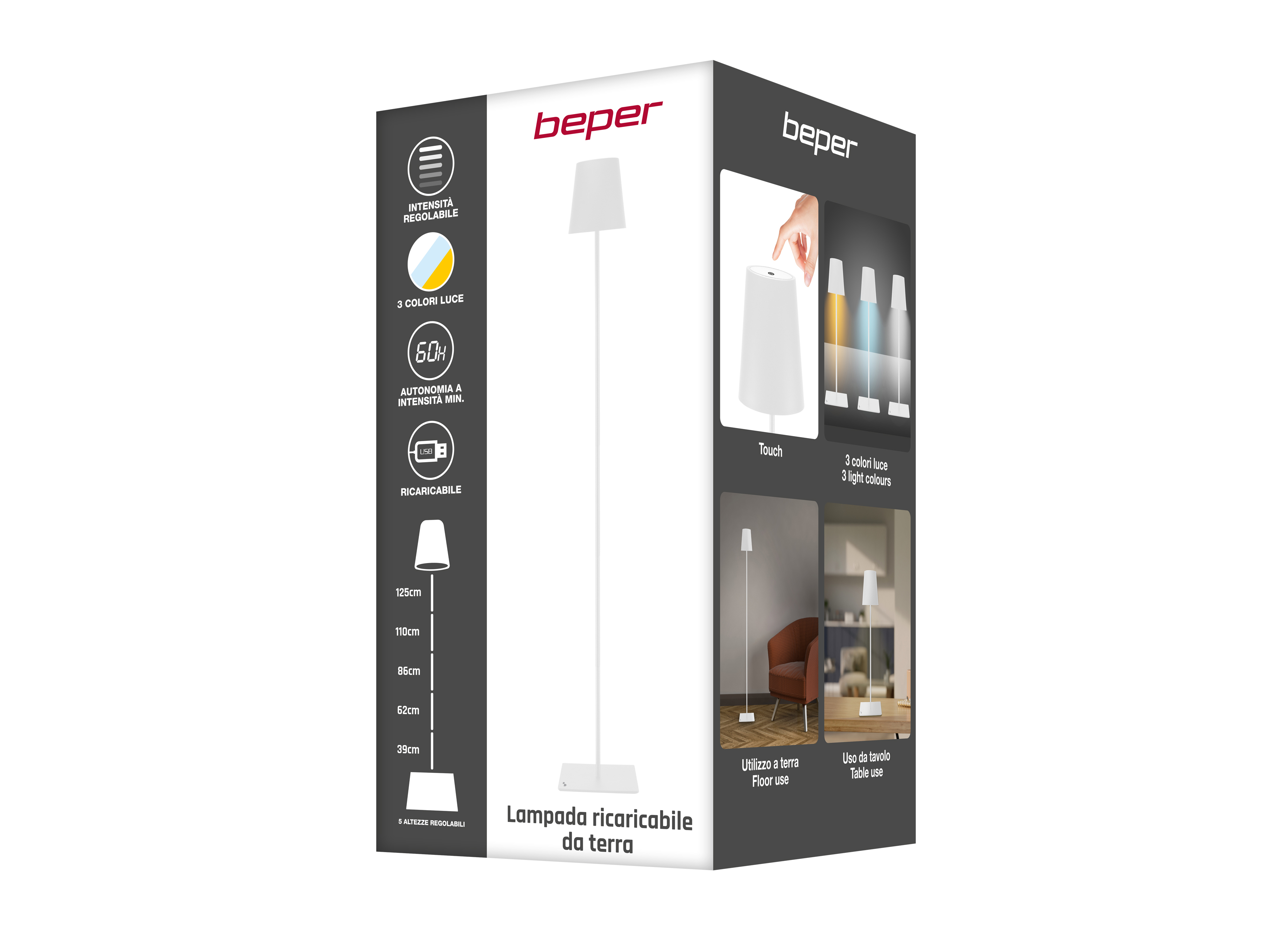 Una lampada da terra bianca con altezza regolabile, controllo touch e 3 colori di luce, ricaricabile USB.