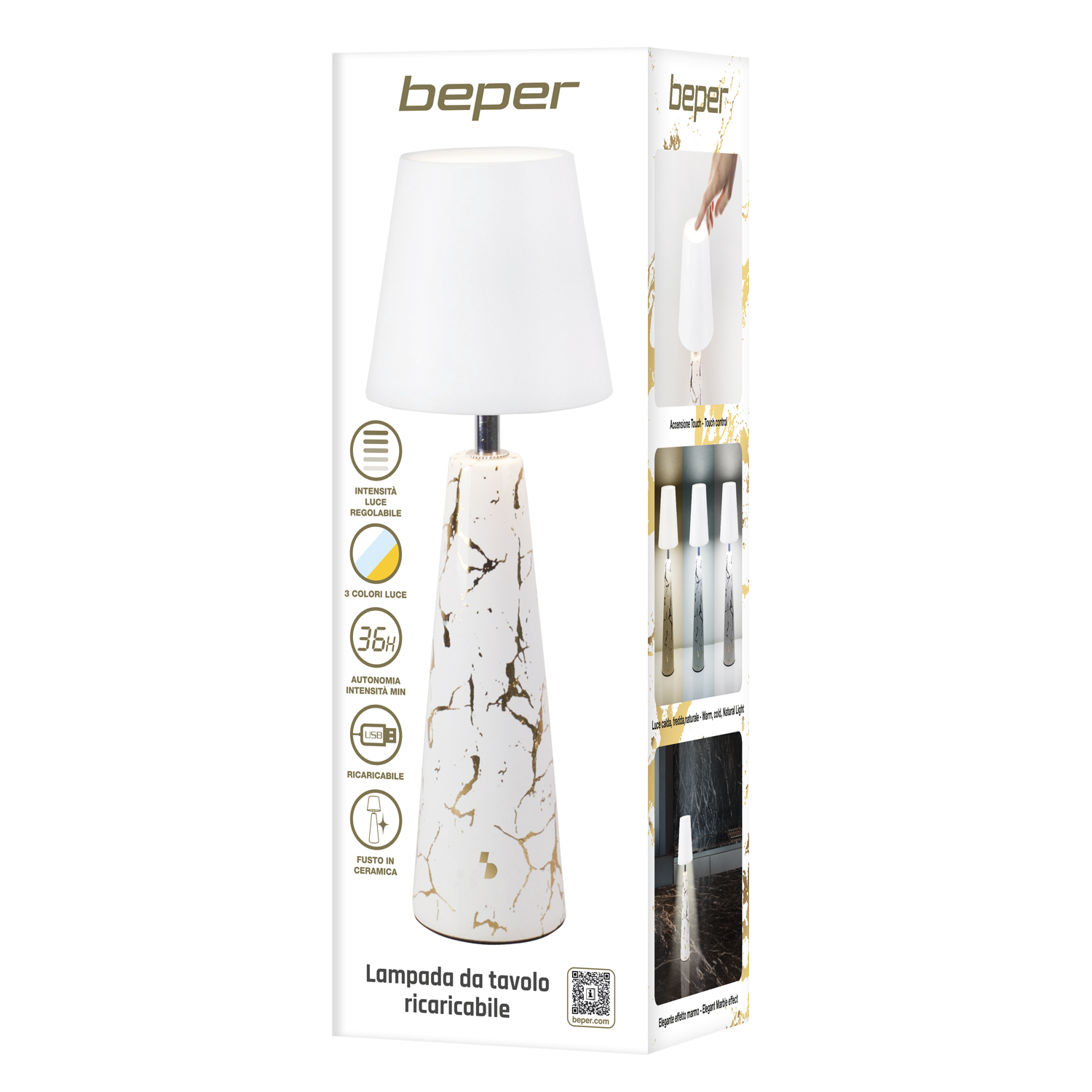 Una lampada da tavolo bianca con base effetto marmo è mostrata su una scatola. Caratteristiche: luce regolabile e ricarica USB.