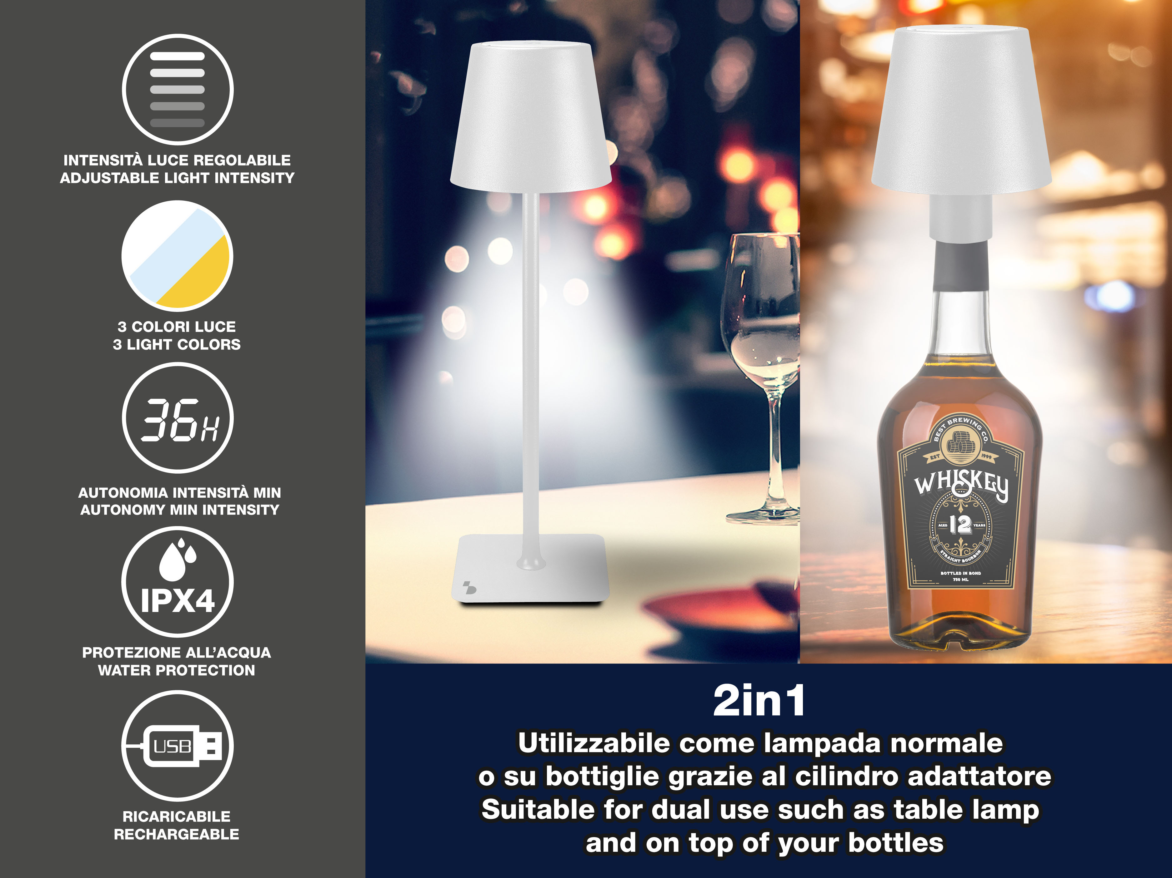 Una lampada bianca è su un tavolo. La lampada ha un paralume ed è posizionata su una bottiglia di whisky.