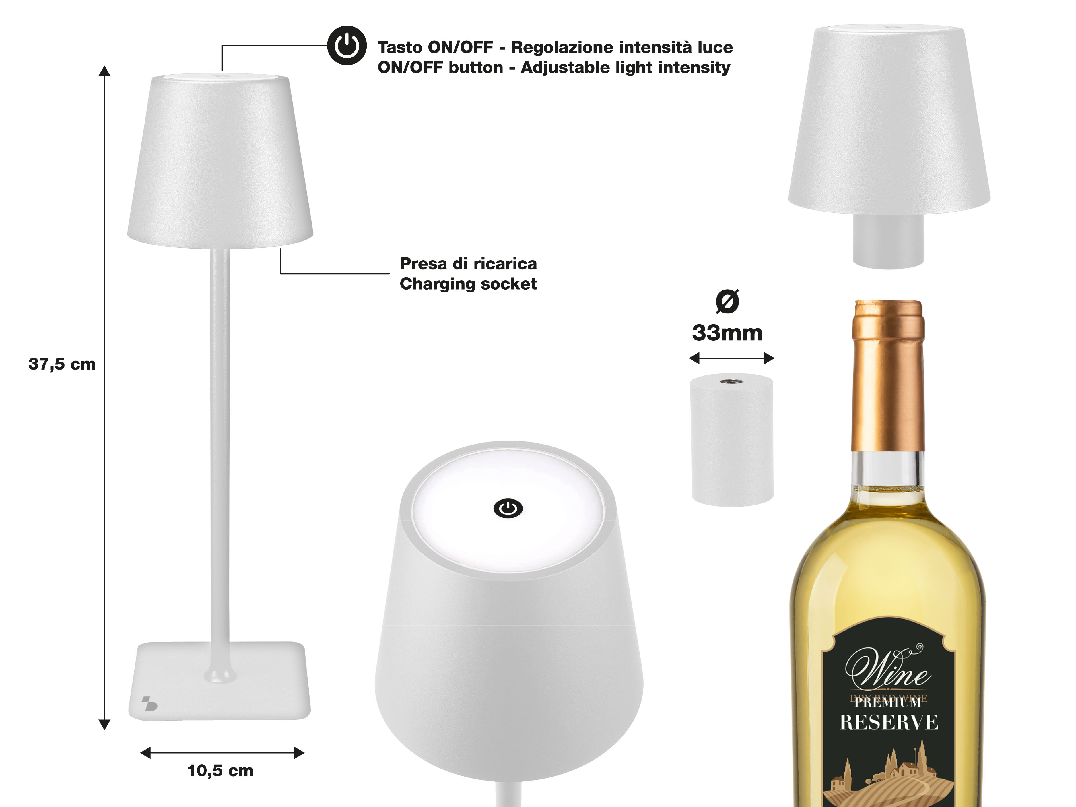 Sono mostrate una lampada bianca, una bottiglia di vino e una presa di ricarica. La lampada ha un pulsante di accensione/spegnimento. Ci sono misure.