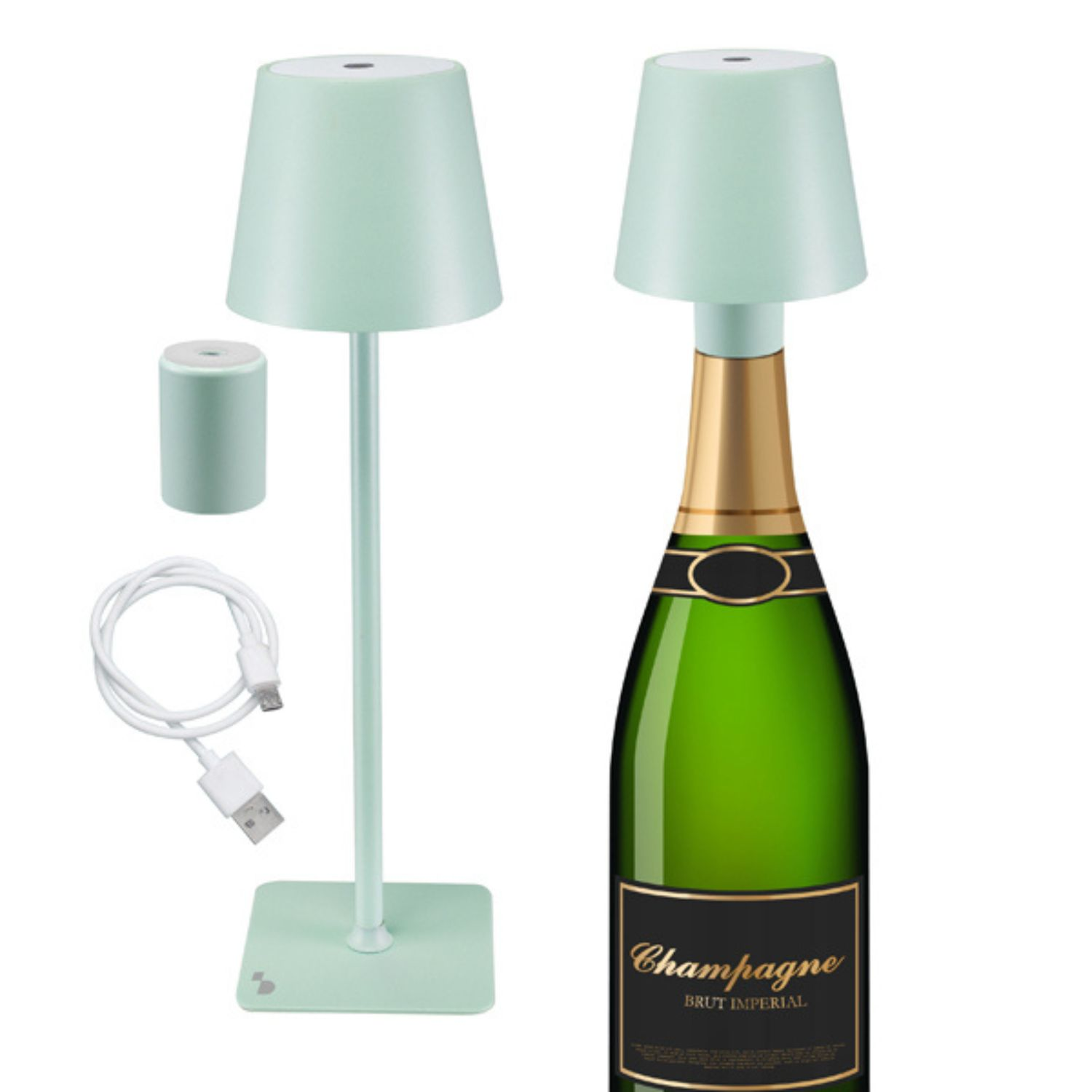 L'immagine mostra una bottiglia di champagne verde accanto a una lampada verde menta. Sono presenti anche una piccola lampada e un cavo USB.