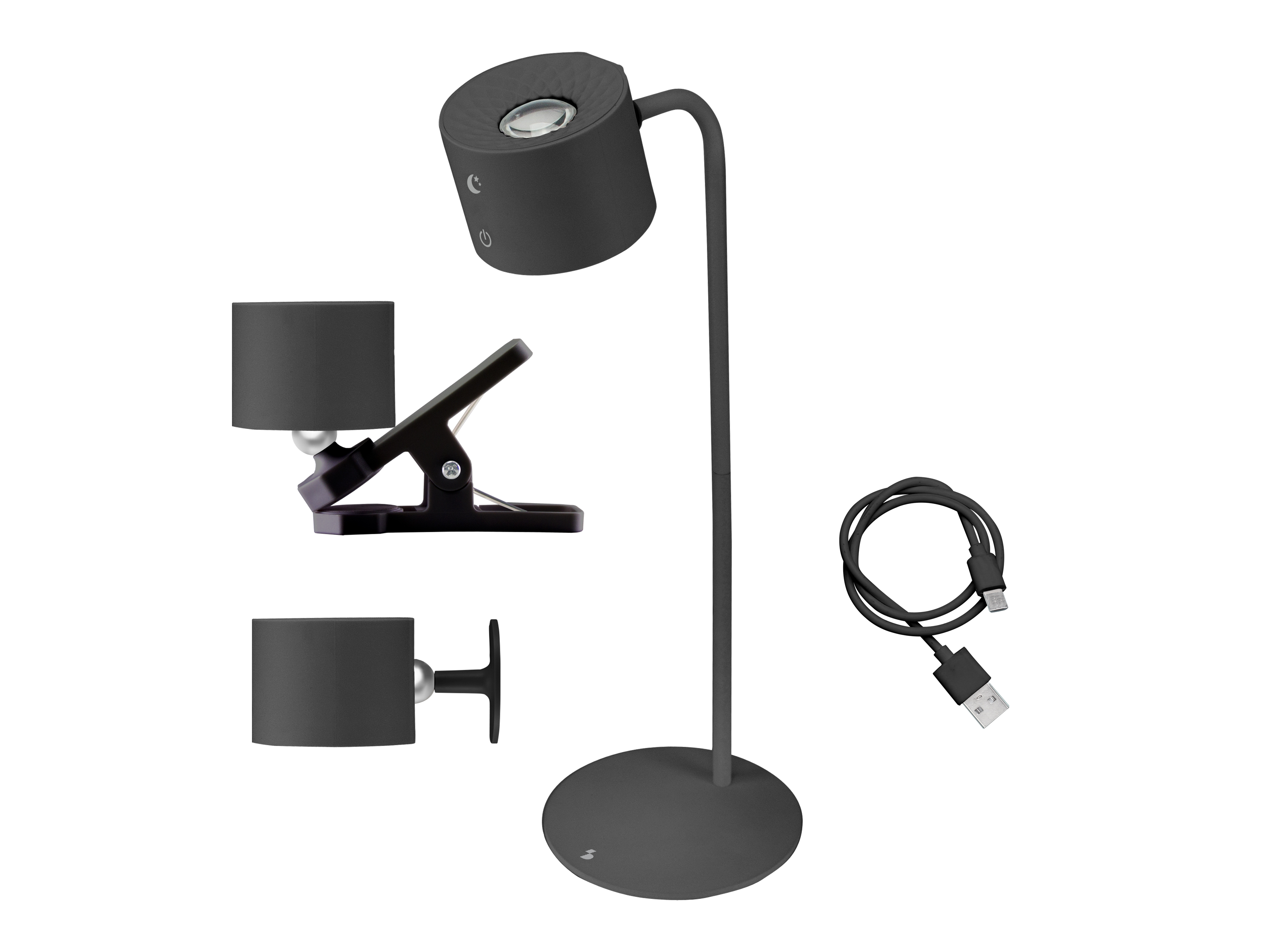 Un set di lampade nere, tra cui una a clip, una da scrivania e un cavo USB, su sfondo bianco.