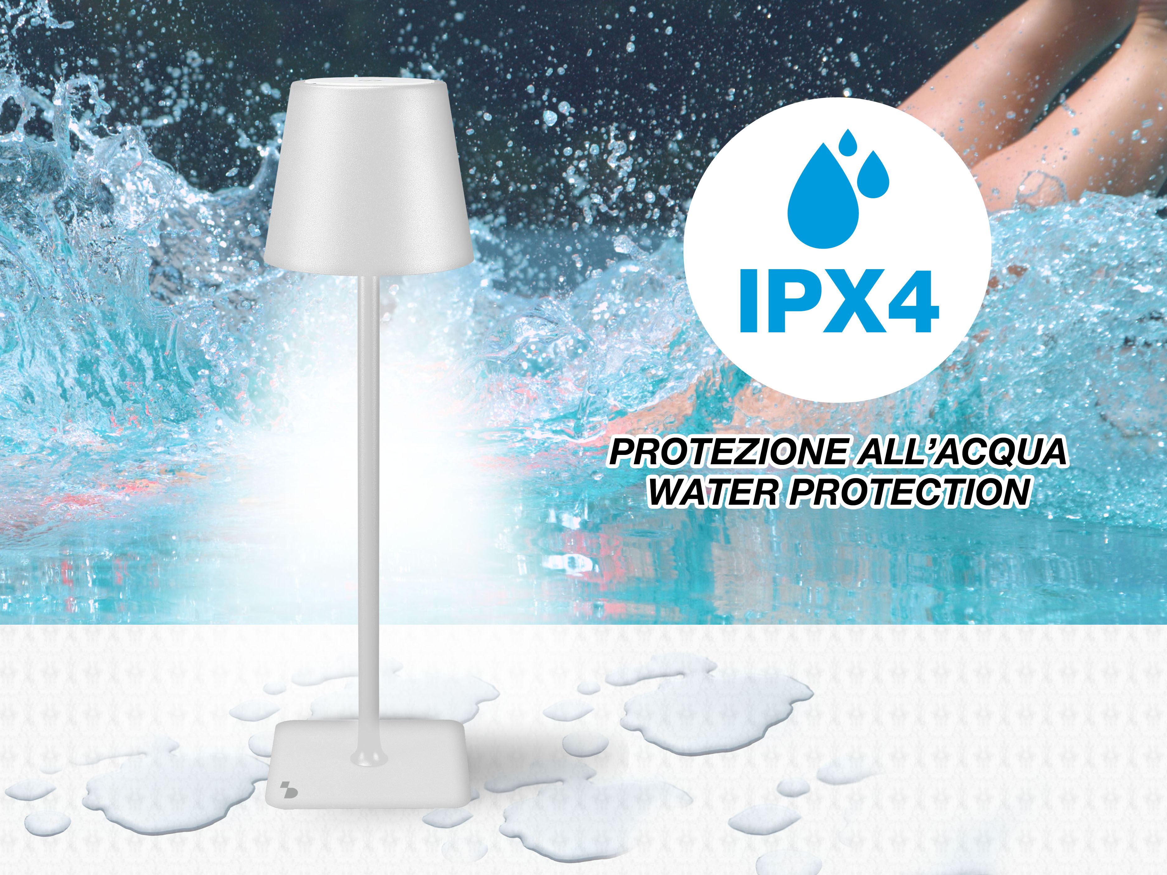 Una lampada bianca vicino all'acqua. L'acqua ha schizzi e un cartello mostra la protezione IPX4.