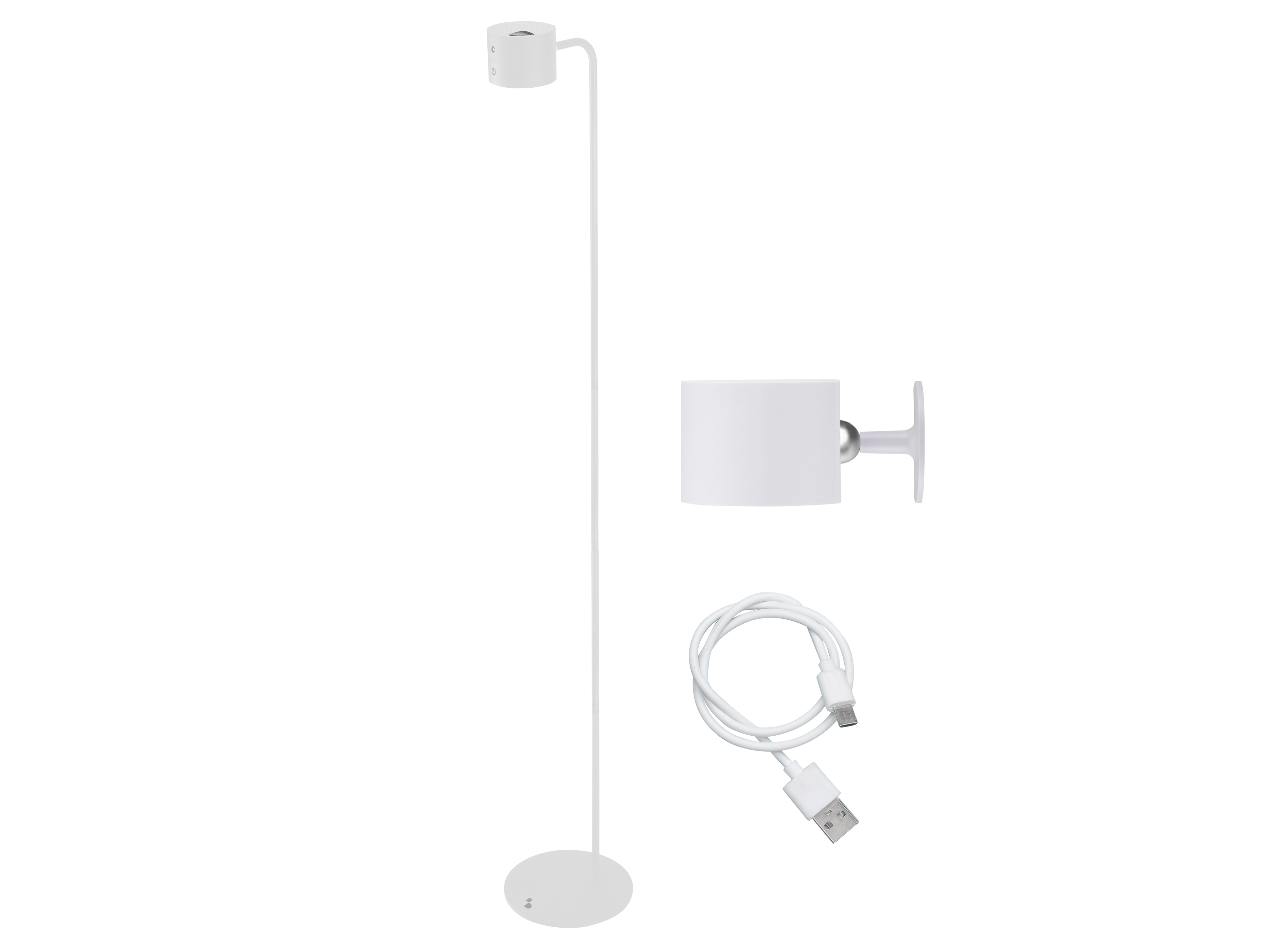 Una lampada da terra bianca con base circolare, testa cilindrica, lampada da parete separata e cavo USB.
