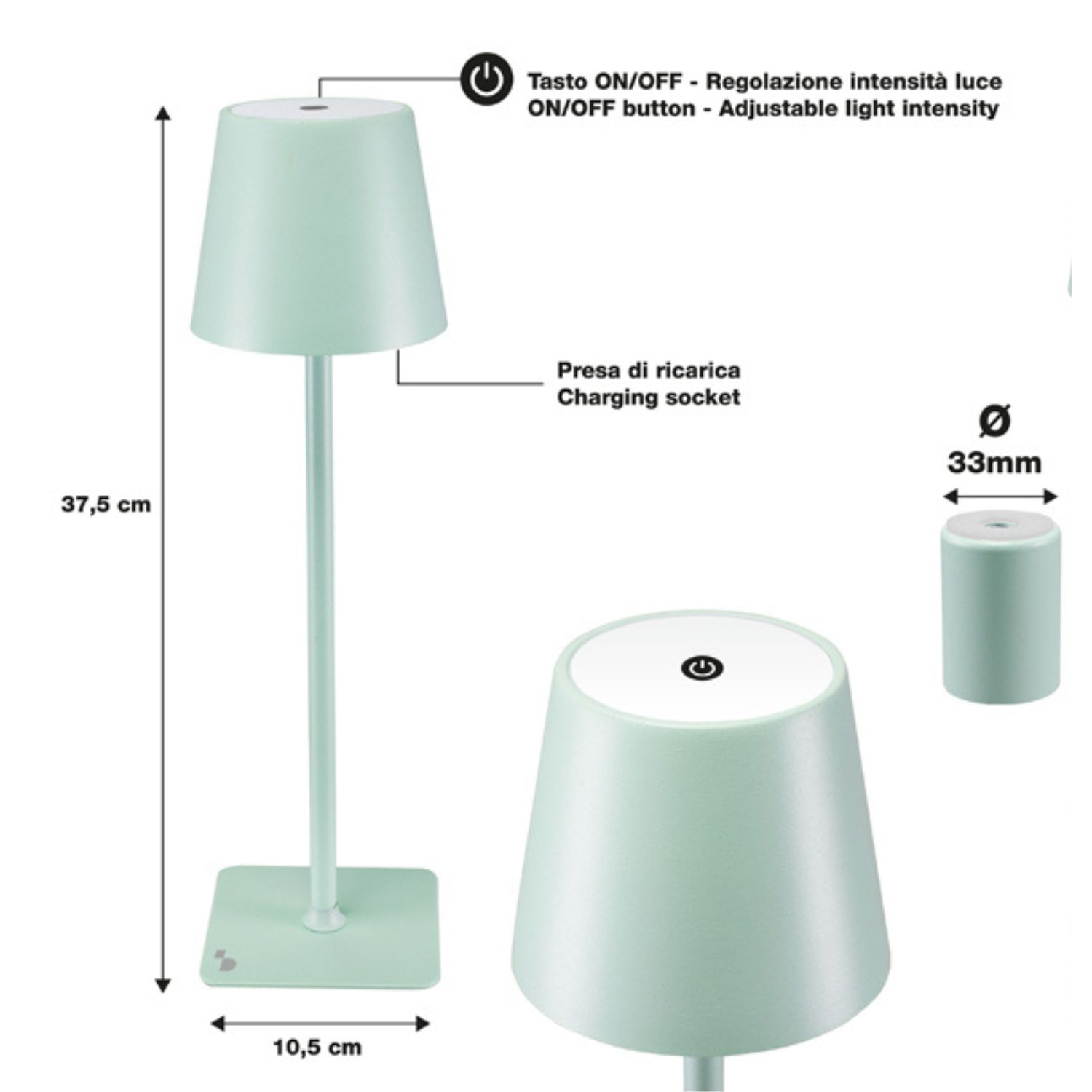 Una lampada da tavolo verde menta con base cilindrica, paralume e pulsante di accensione. L'immagine include dimensioni e dettagli tecnici.