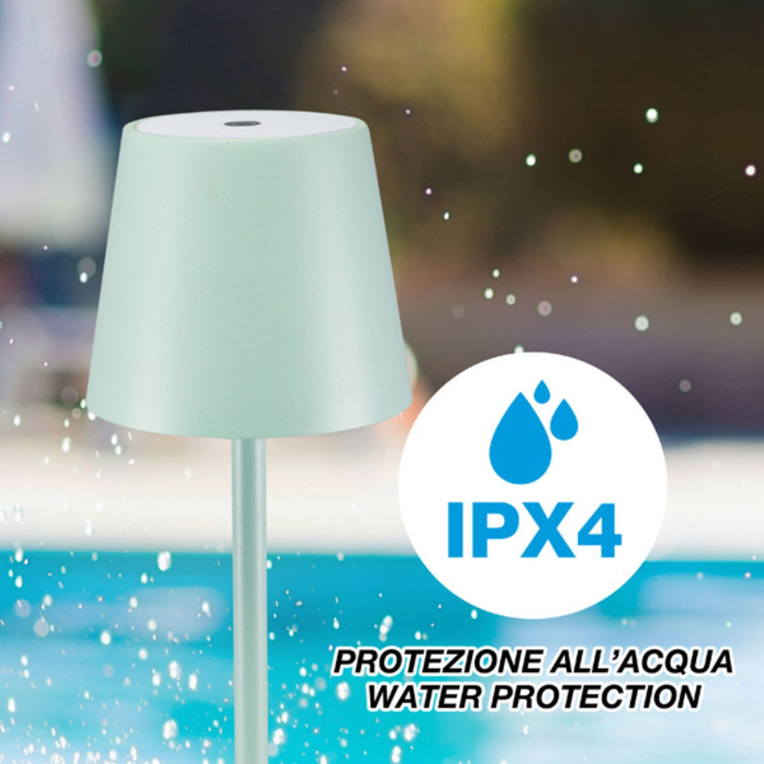Una lampada verde menta è in mostra. Sullo sfondo è visibile una piscina. La lampada è protetta dall'acqua IPX4.