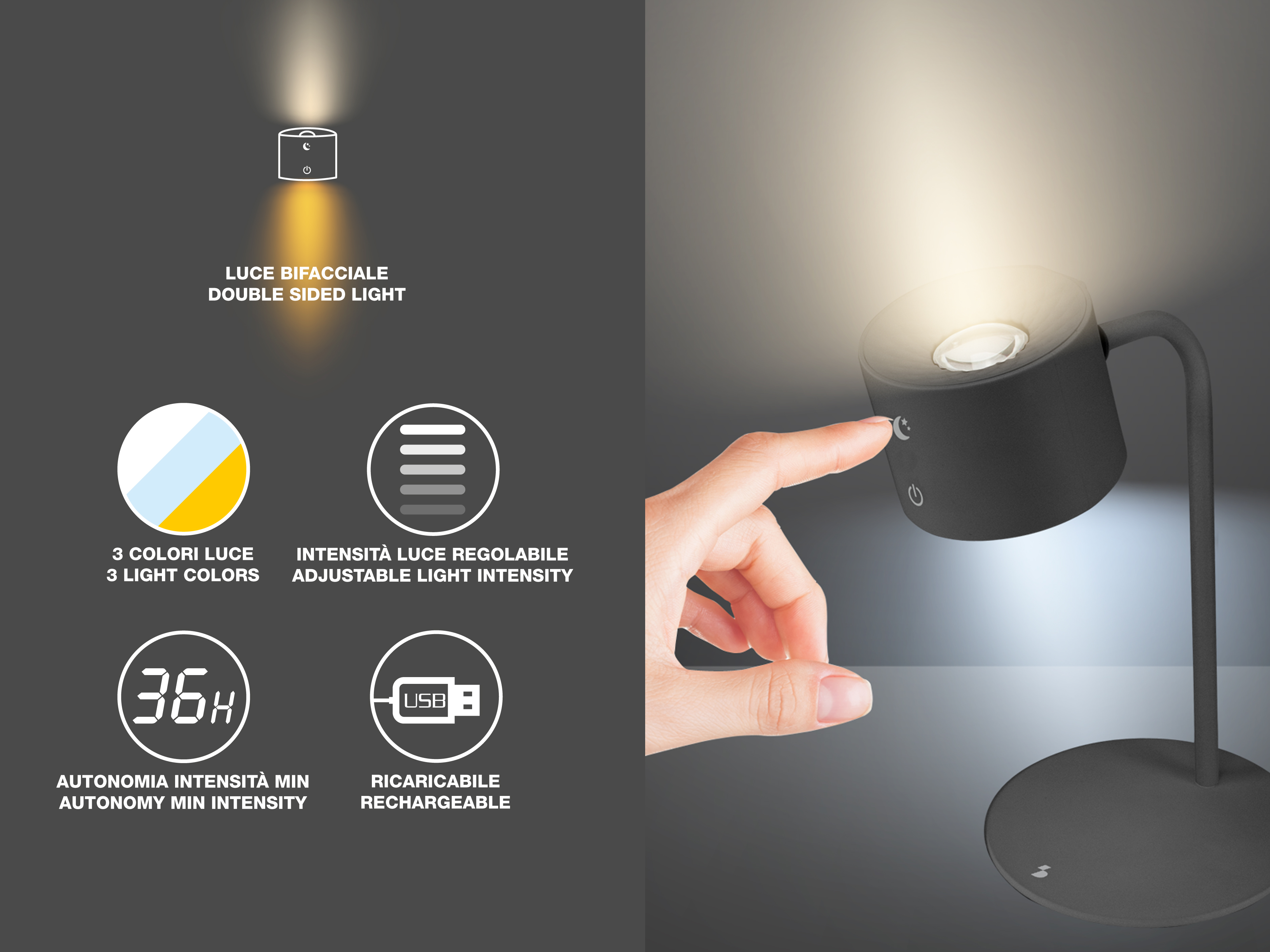 Una mano tocca una lampada nera. La lampada ha base rotonda e luce regolabile. Il testo indica le caratteristiche della luce.