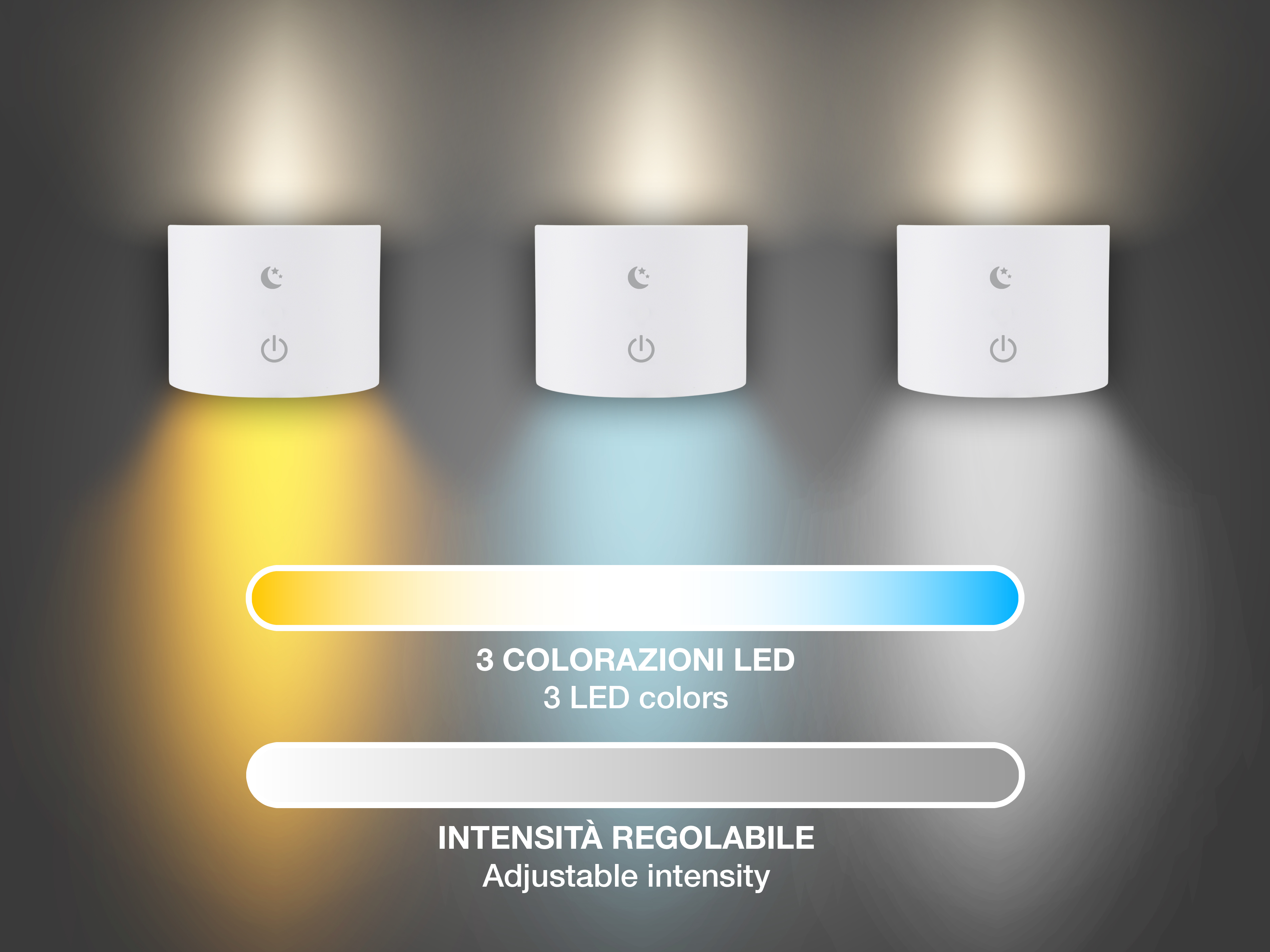 Tre luci bianche con diversi colori LED: giallo, blu e bianco. Viene mostrata anche l'intensità regolabile.