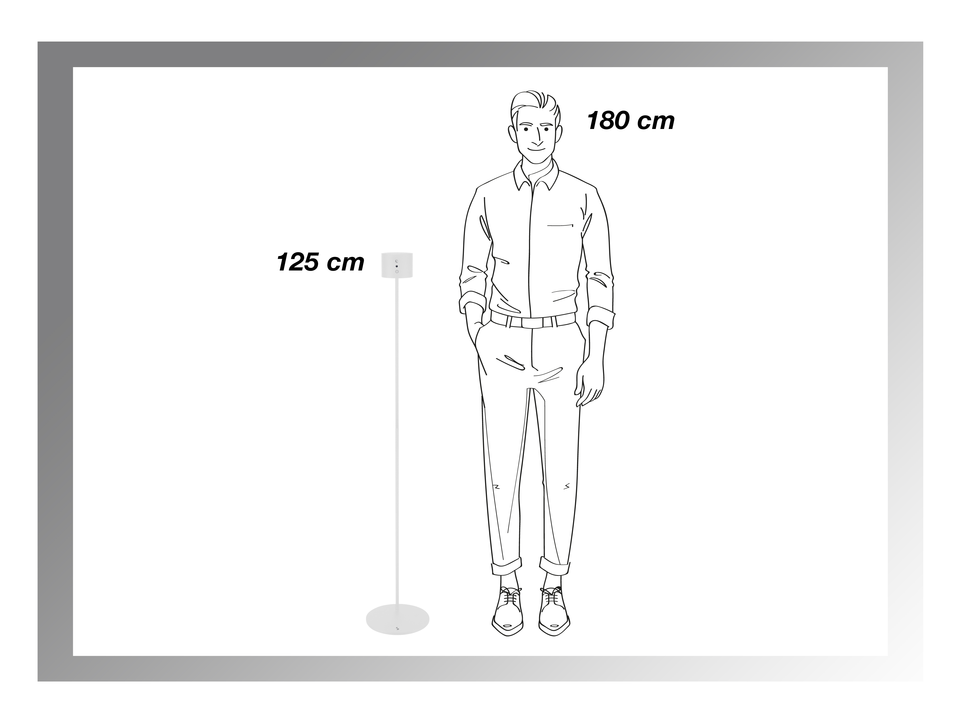 Un uomo è in piedi accanto a una lampada. Una misura di 180 cm è sopra la sua testa e 125 cm accanto alla lampada.