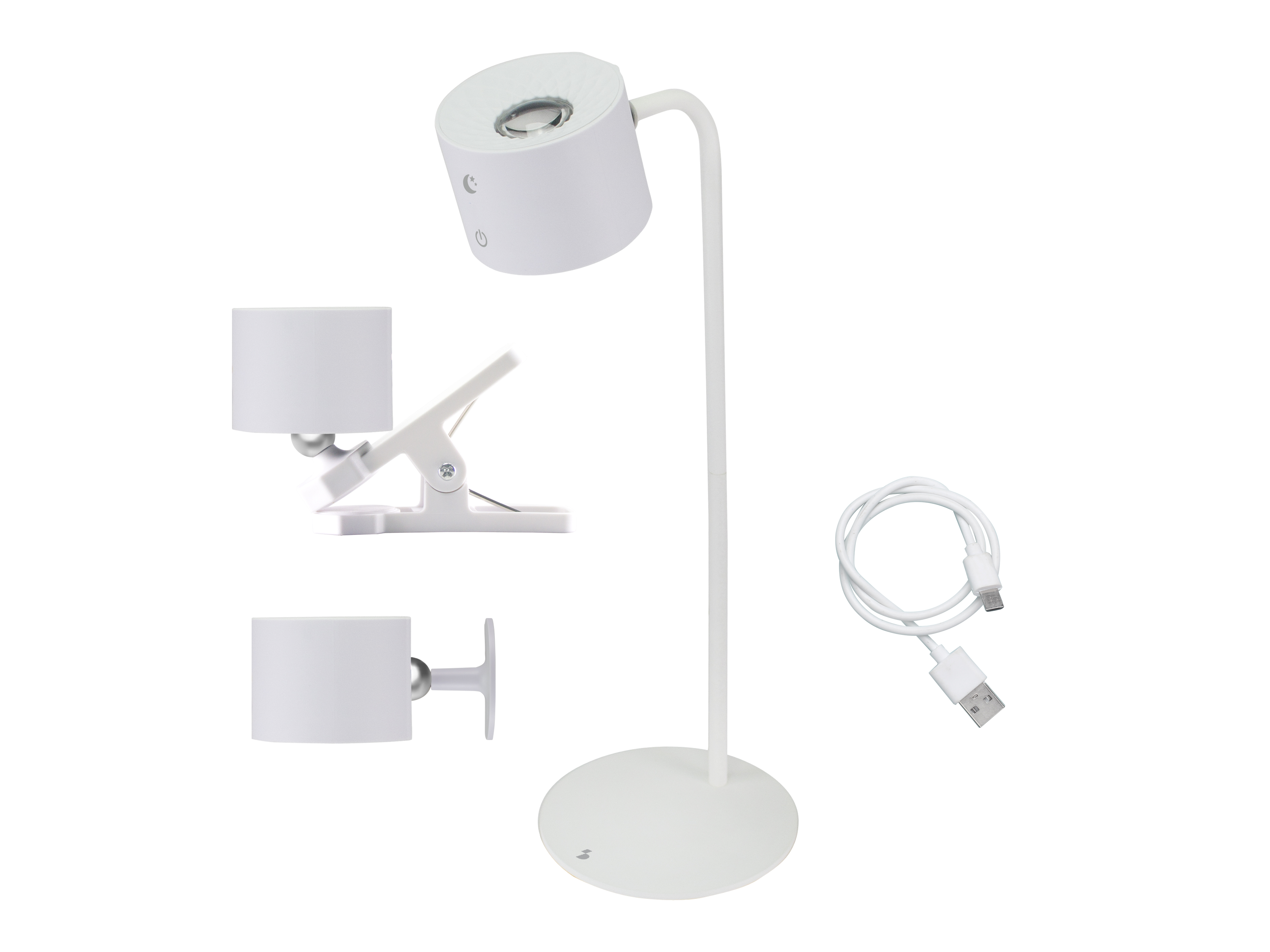 Lampada da scrivania bianca con tre lampade, un cavo USB, su sfondo bianco. Una lampada ha una clip.
