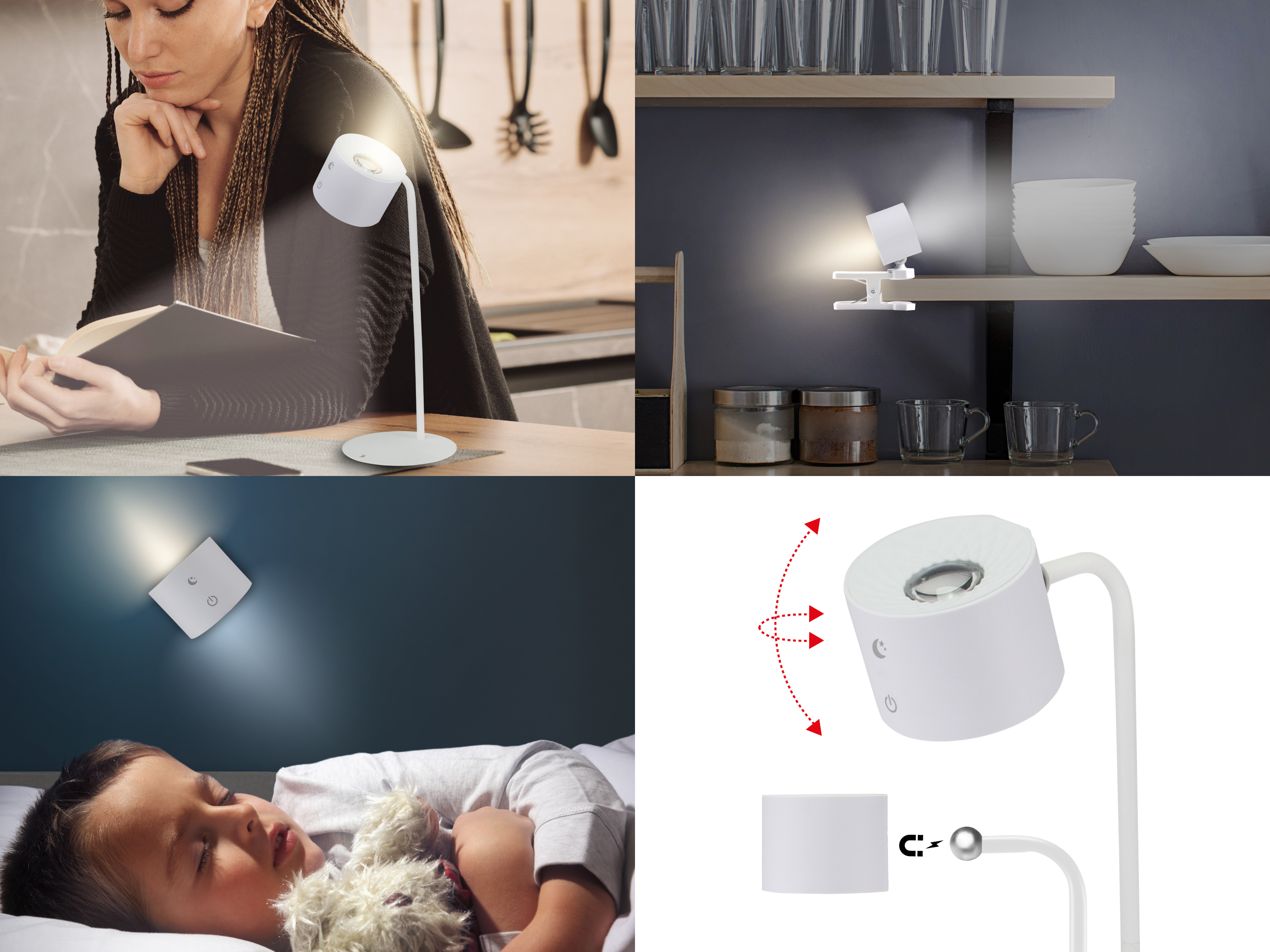 L'immagine mostra una lampada bianca in varie ambientazioni. Una donna legge, un bambino dorme e la lampada è regolabile.
