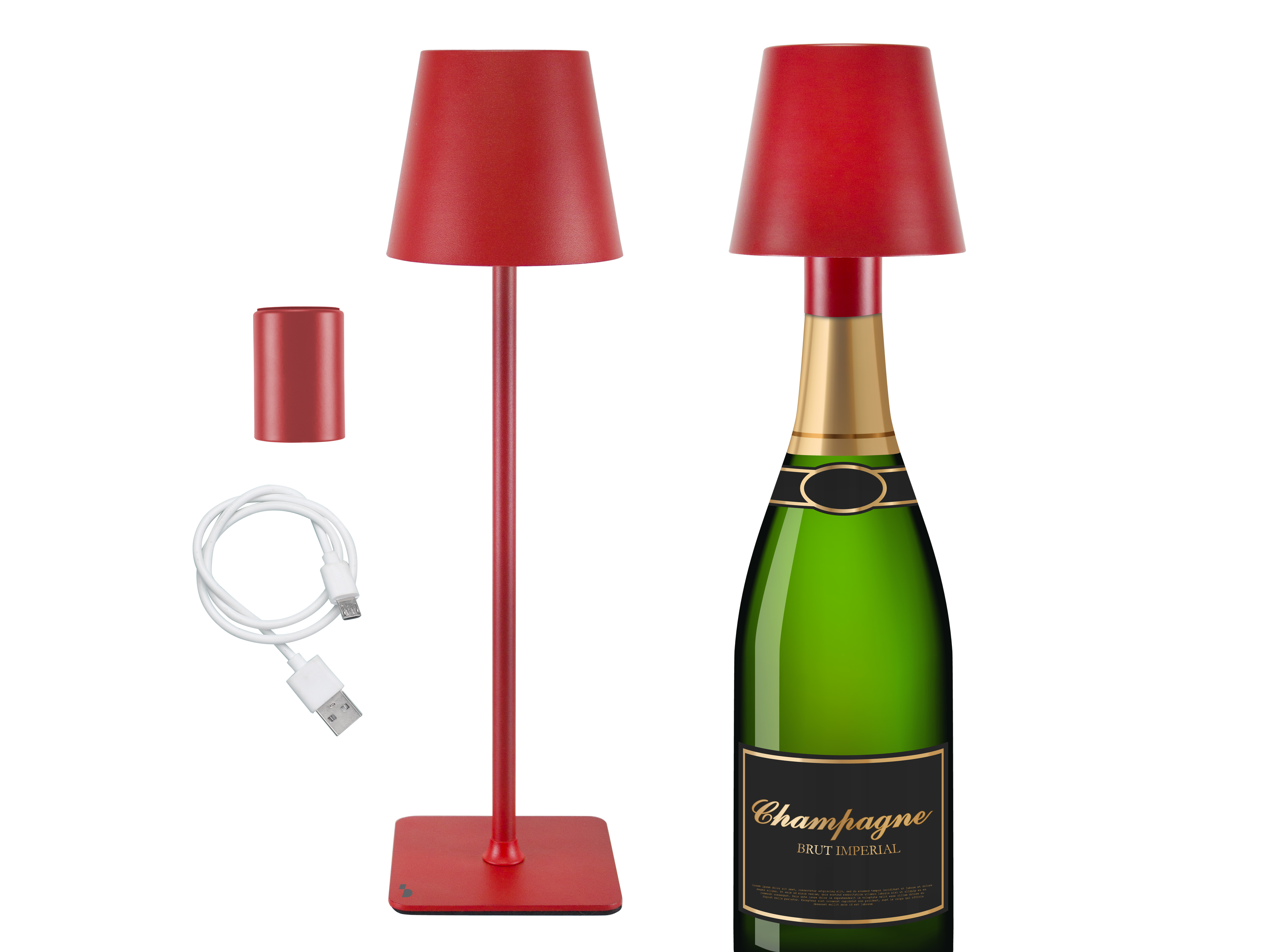 L'immagine mostra una lampada rossa, una bottiglia di champagne, un cavo di ricarica e un piccolo cilindro rosso su sfondo bianco.