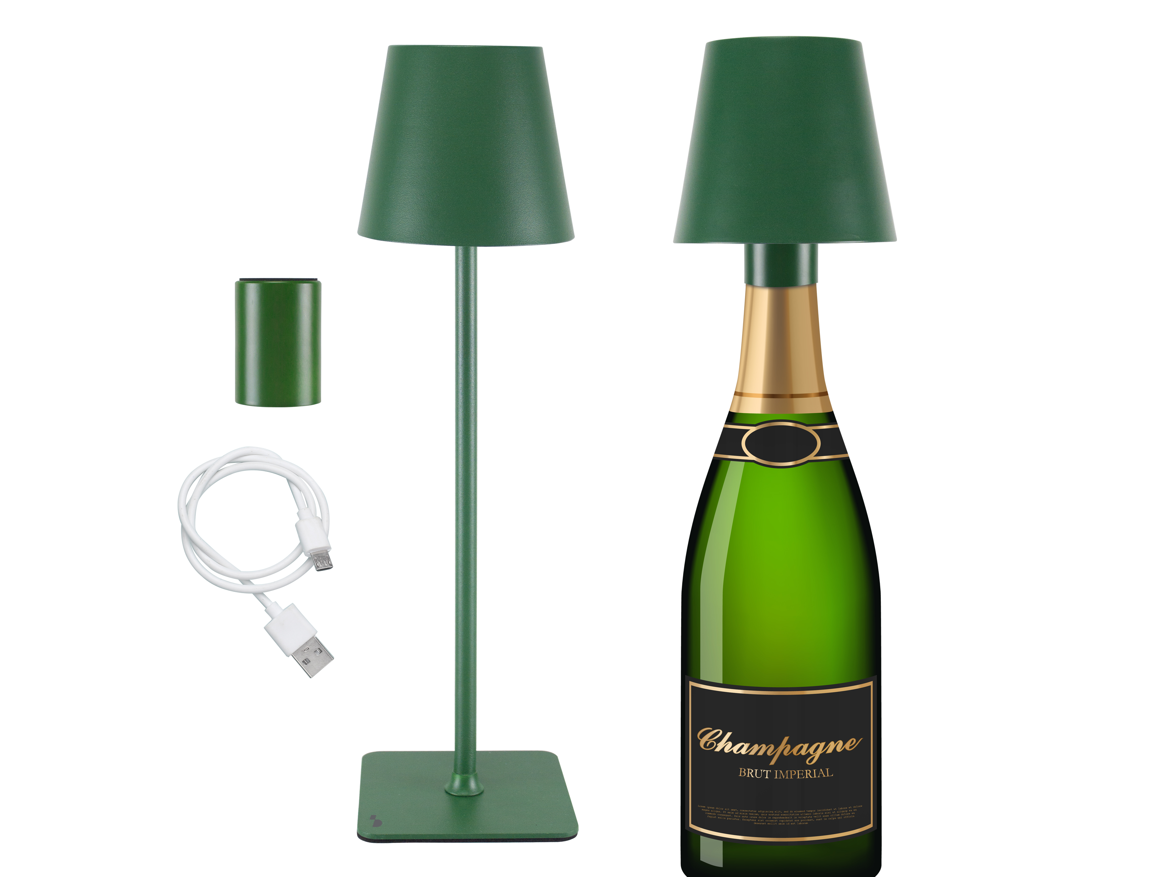 L'immagine mostra una lampada verde, una bottiglia di Champagne, un cavo di ricarica e una batteria cilindrica.