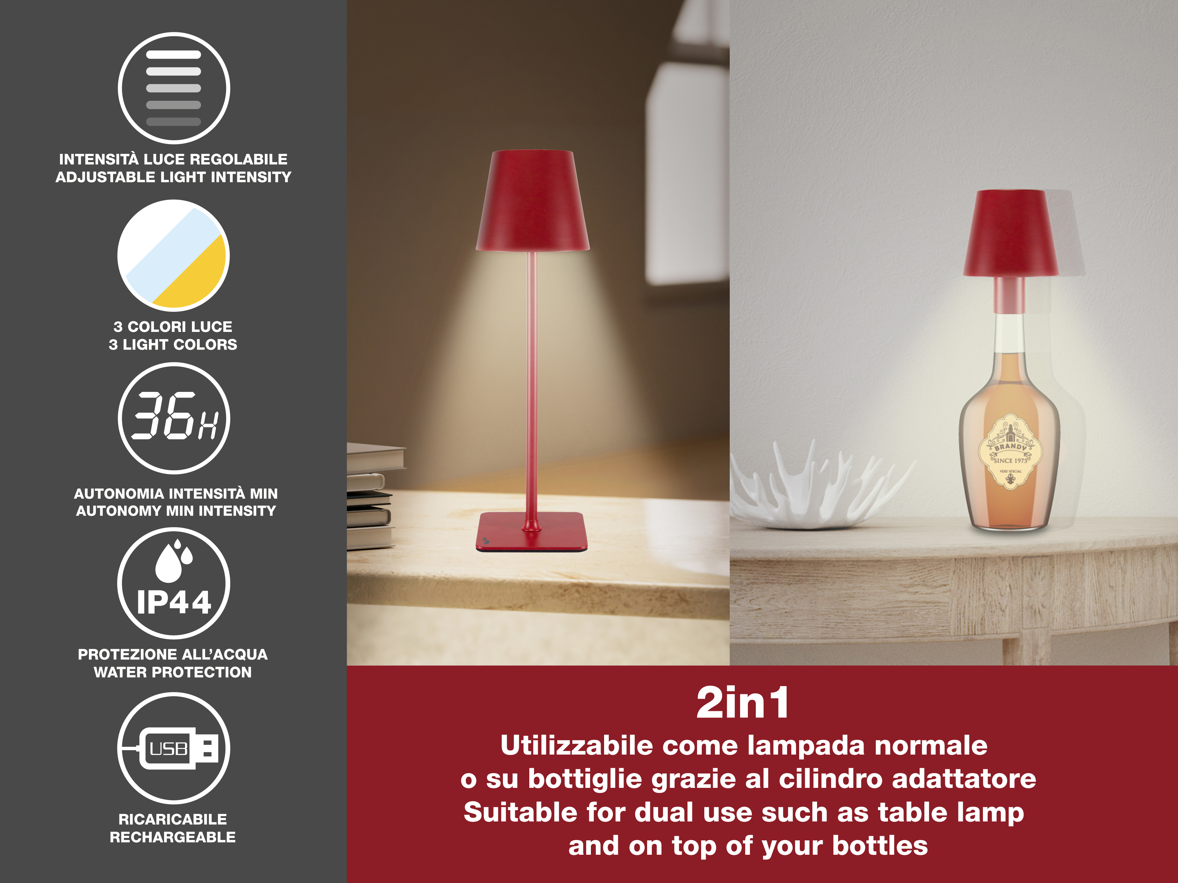 Lampada rossa su tavolo con icone info prodotto. Bottiglia di brandy come supporto.