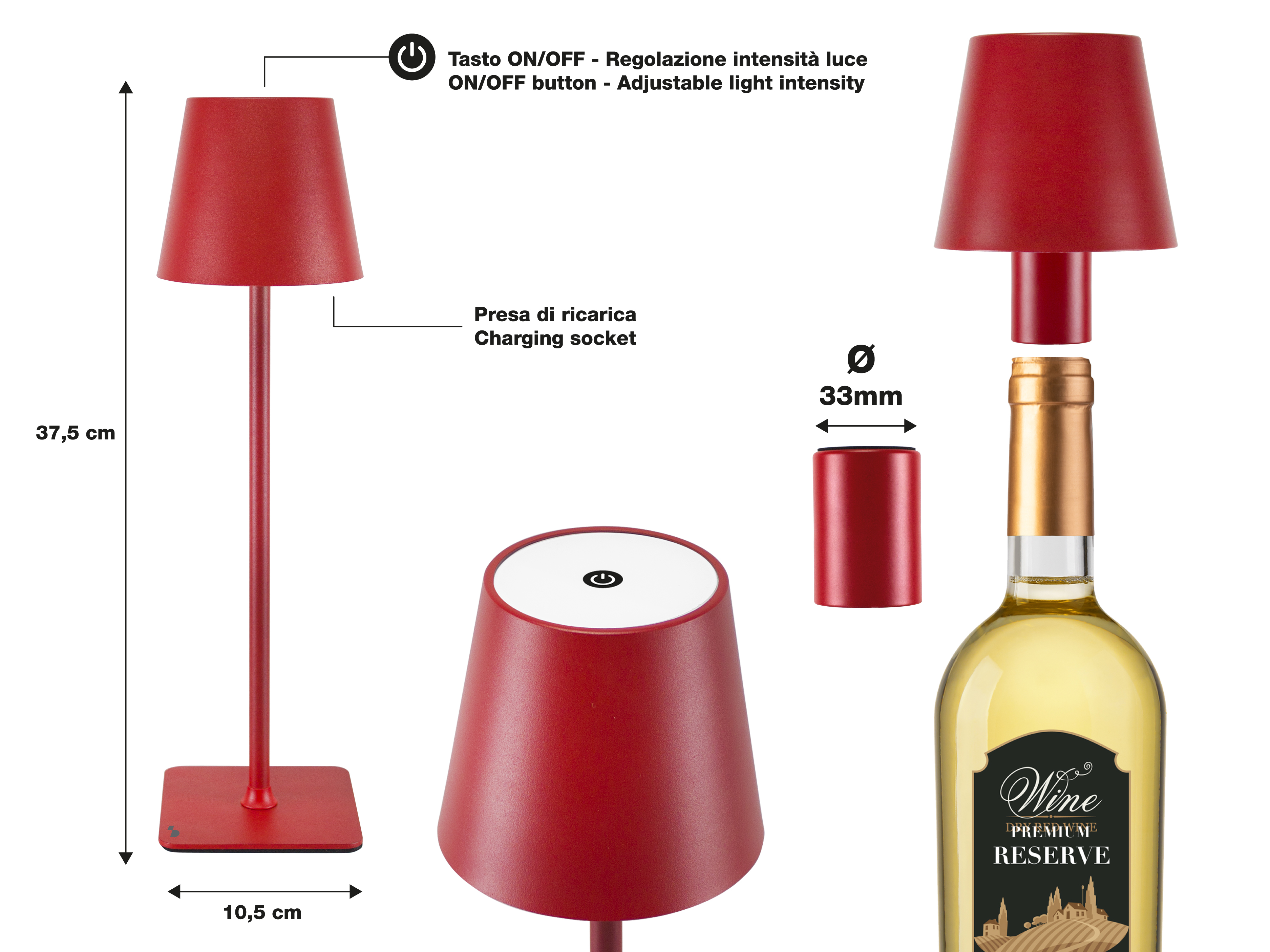 Lampada rossa con bottiglia di vino, che mostra le dimensioni e la presa di ricarica. Pulsante On/Off e intensità luminosa regolabile.